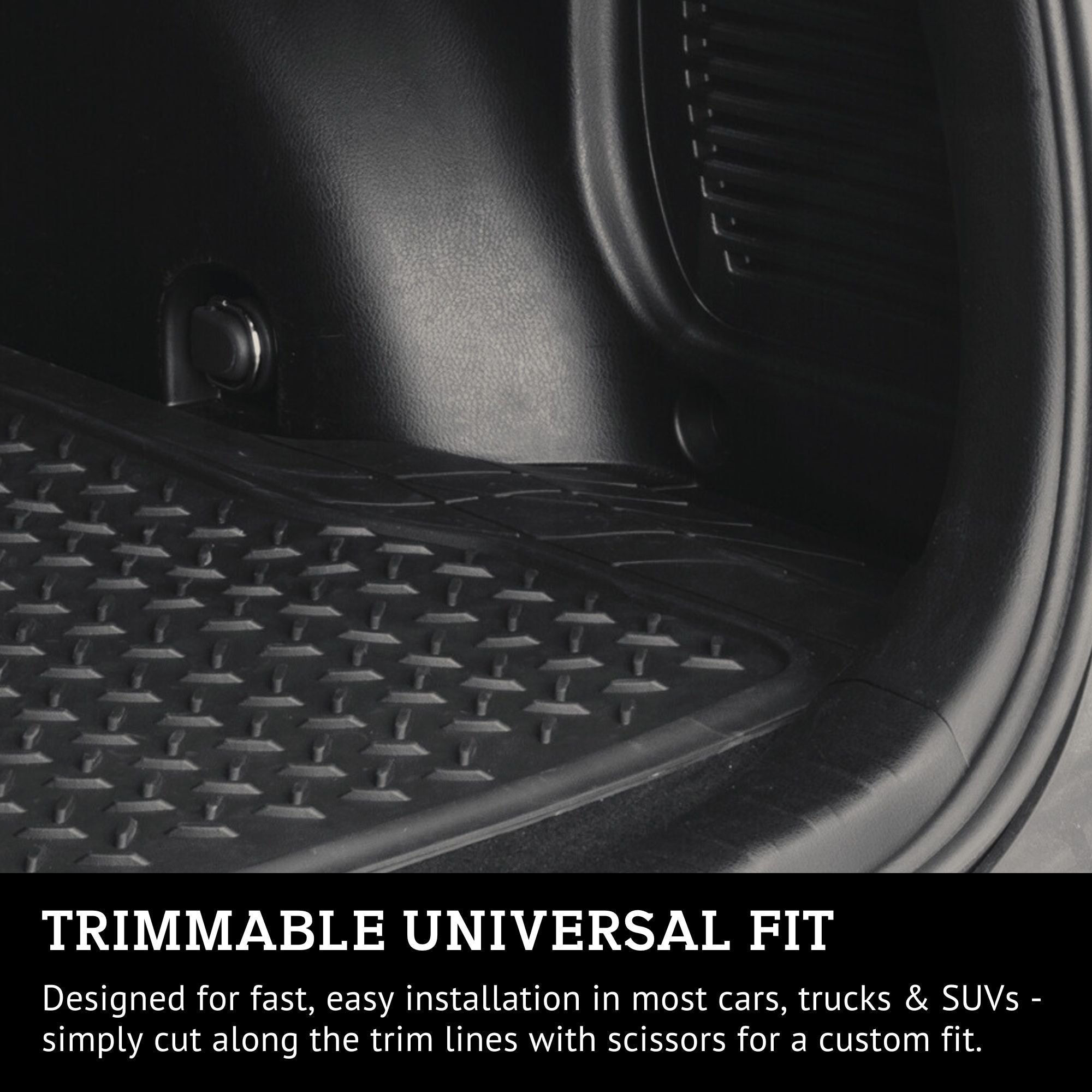 Closeup of the edge of a PantsSaver cargo mat installed in the trunk of a vehicle. Text below reads, "TRIMMABLE UNIVERSAL FIT Designed for fast, easy installation in most cars, trucks & SUVs - simply cut along the trim lines with scissors for a custom fit." 