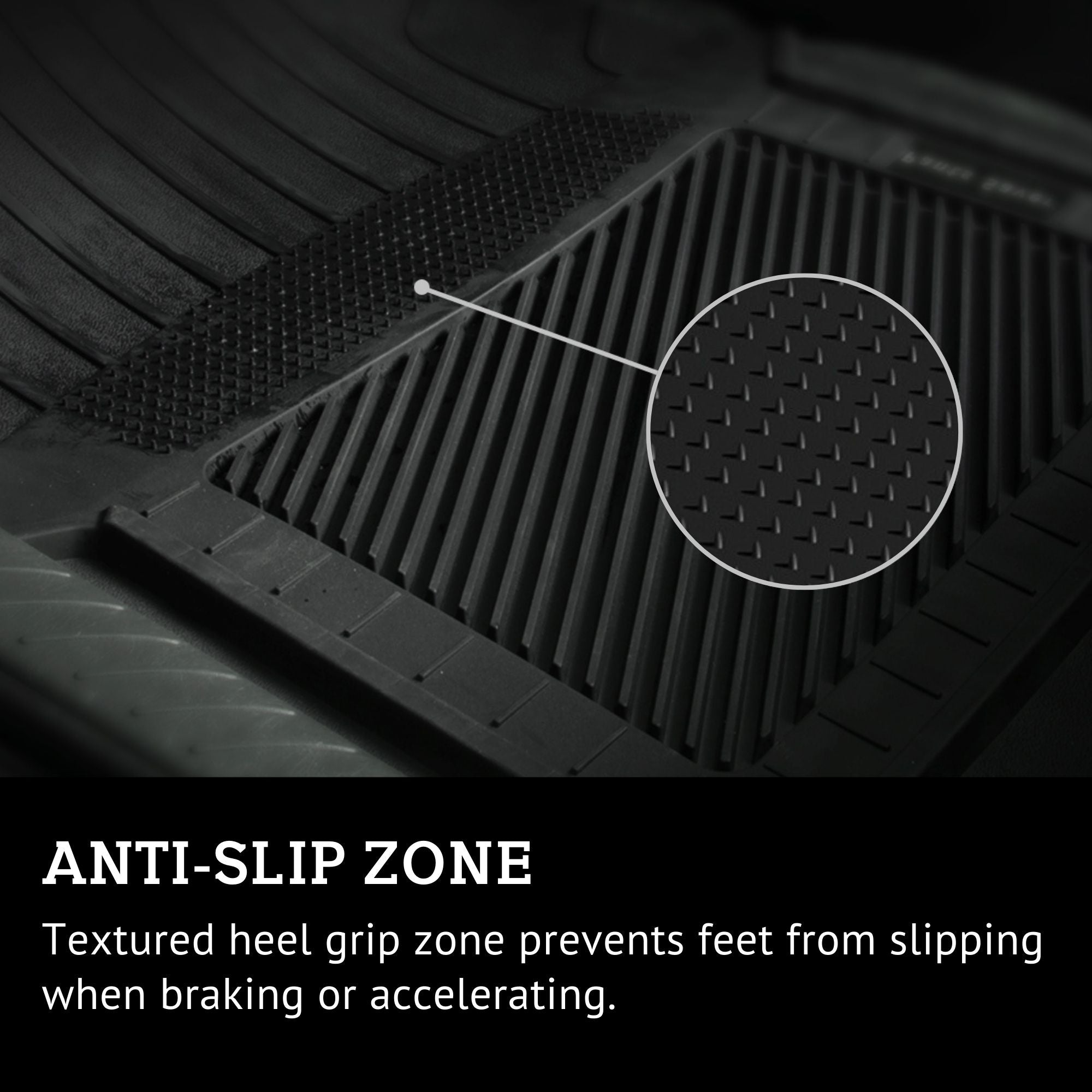 Closeup of textured heel grip area on PantsSaver front floor mat. Text below reads, "ANTI-SLIP ZONE Textured heel grip zone prevents feet from slipping when braking or accelerating."