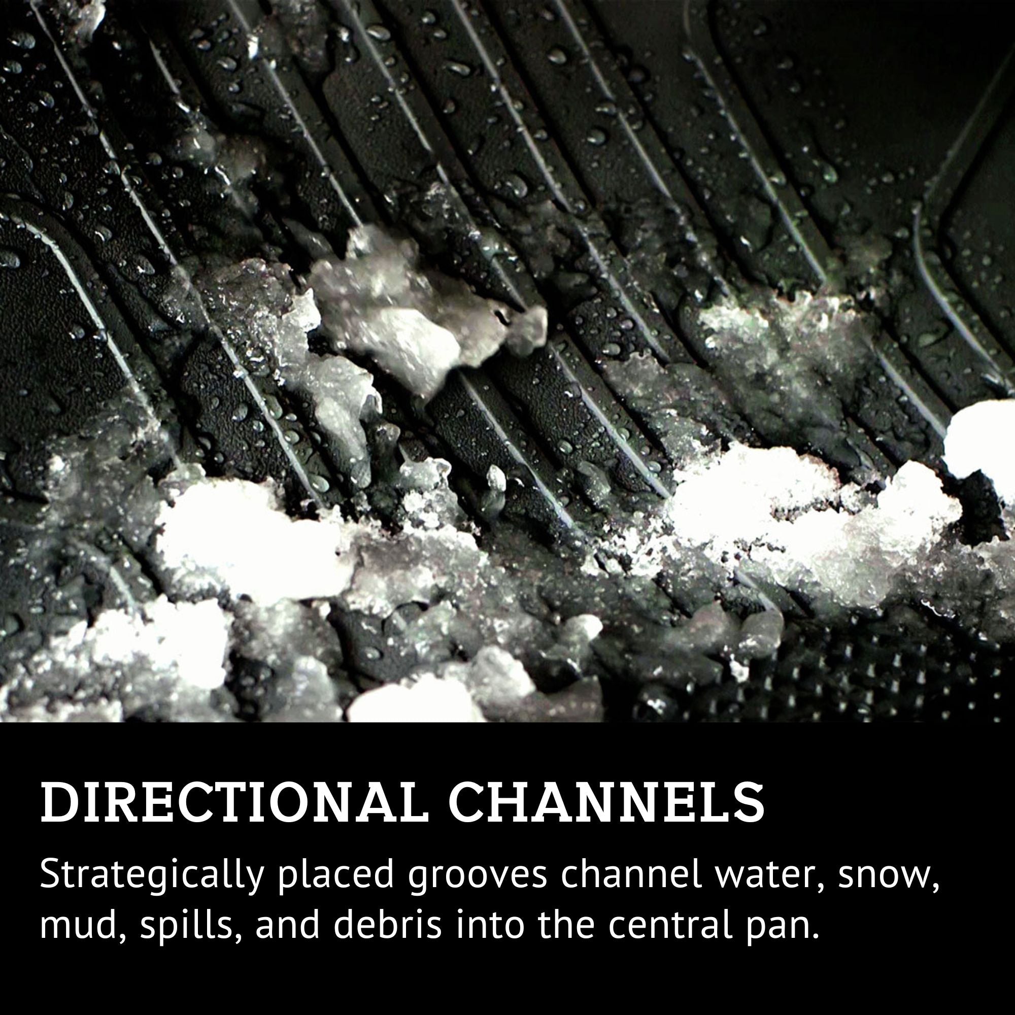 Closeup of snow and slush on a PantsSaver floor mat. Text below reads, "DIRECTIONAL CHANNELS Strategically placed grooves channel water, snow, mud, spills, and debris into the central pan."