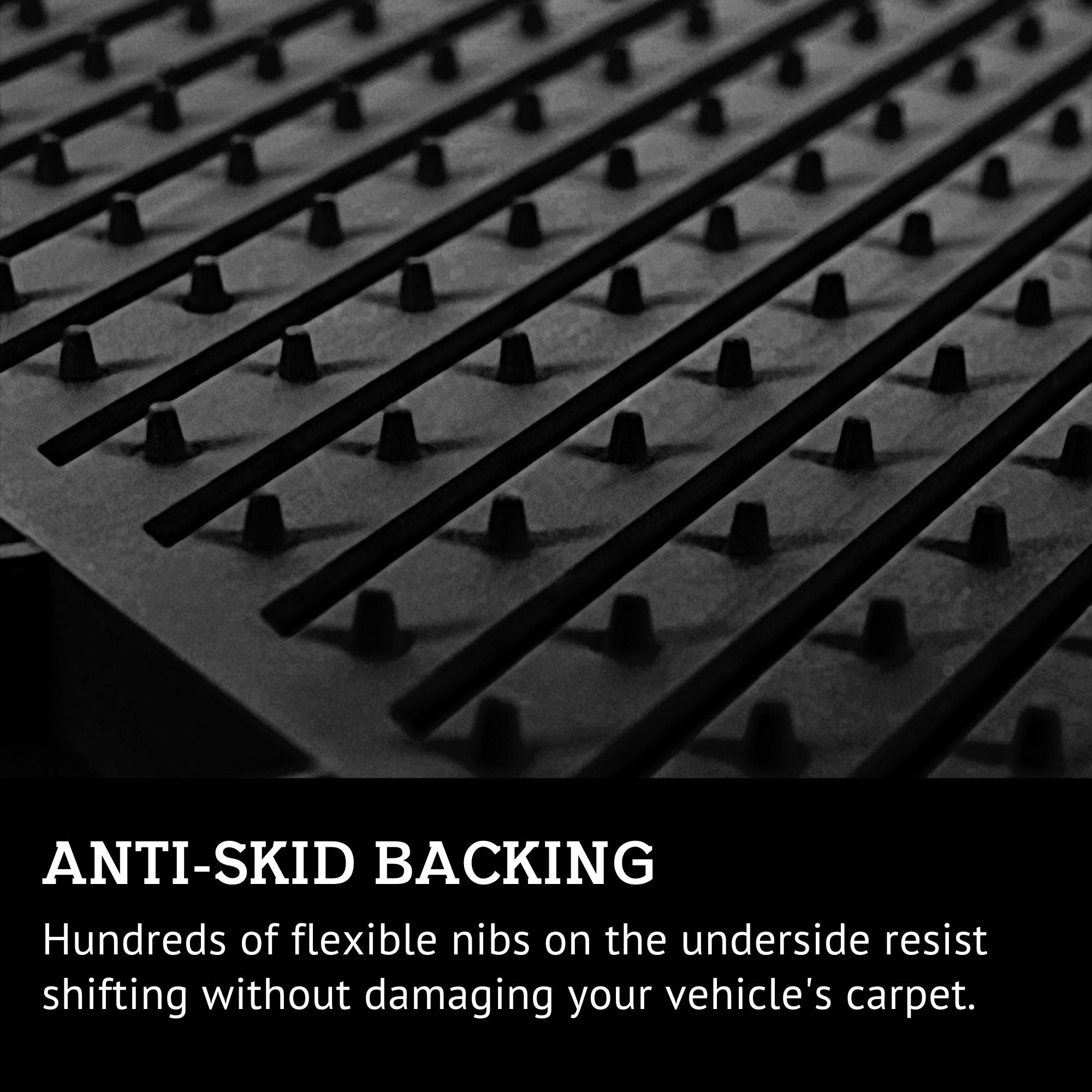 Closeup of the underside of a PantsSaver automotive mat showing the flexible rubber nibs. Text below reads, "ANTI-SKID BACKING Hundreds of flexible nibs on the underside resist shifting without damaging your vehicle's carpet."