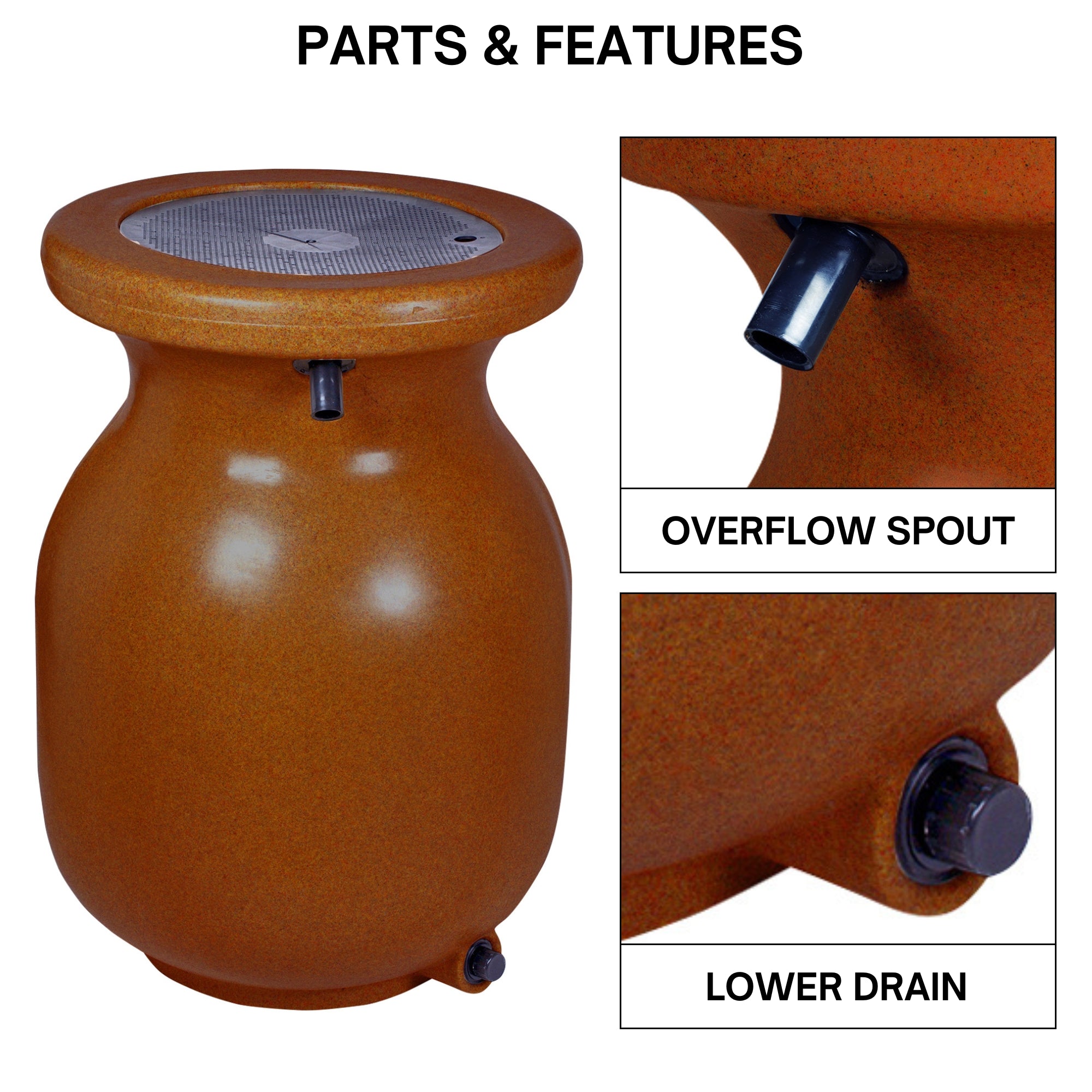 Koolscapes stone-look rain barrel on a white background with closeup images of parts, labeled; Overflow spout; lower drain. Text above reads, "Parts and Features."