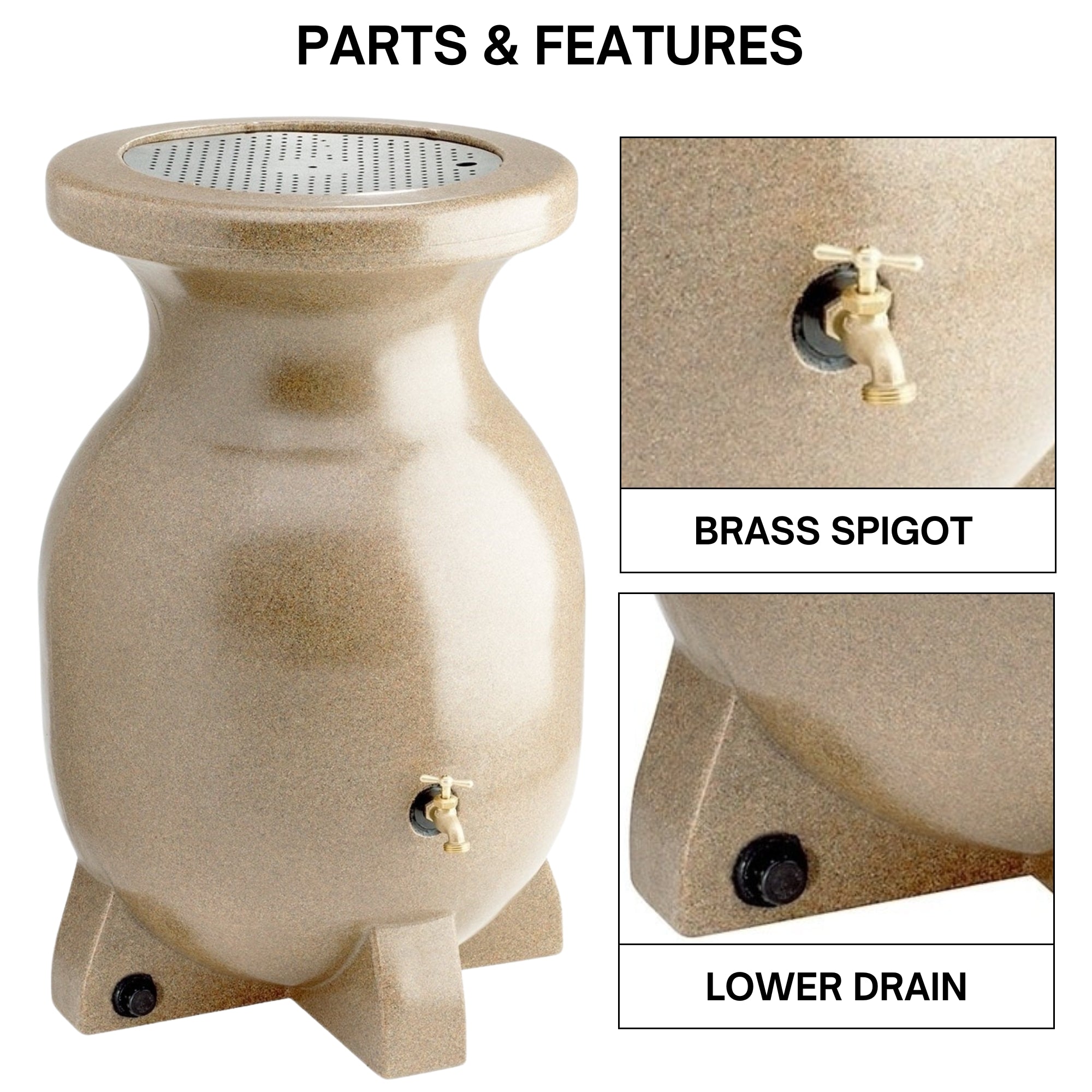 Koolscapes stone-look rain barrel on a white background with closeup images of parts, labeled; Brass spigot; debris screen. Text above reads, "Parts and Features."Koolscapes stone-look rain barrel on a white background with closeup images of parts, labeled; Overflow spout; lower drain. Text above reads, "Parts and Features."