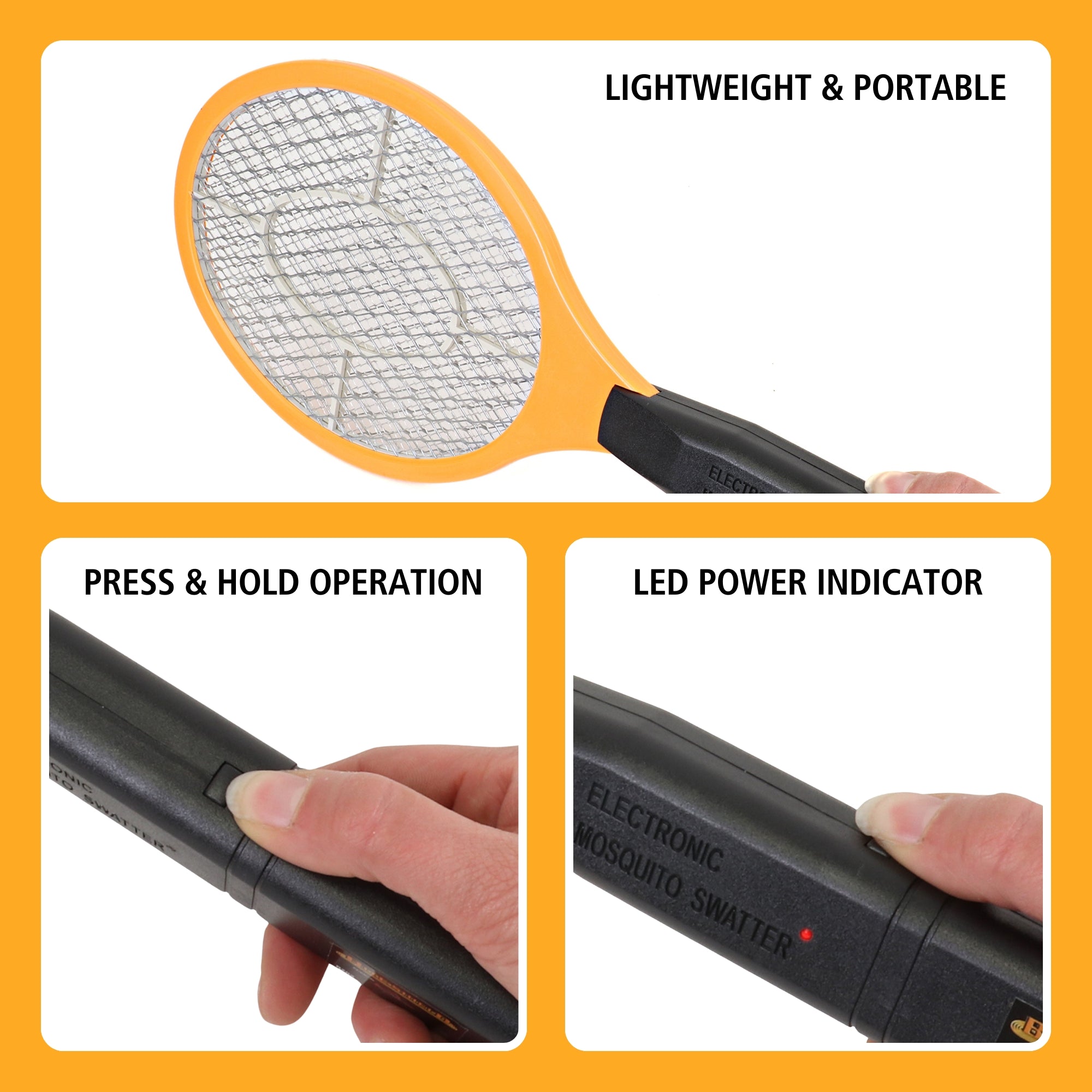 Three closeup images show features of the Bite Shield racket zapper electronic insect killer, labeled: Lightweight & portable; press & hold operation; LED power indicator