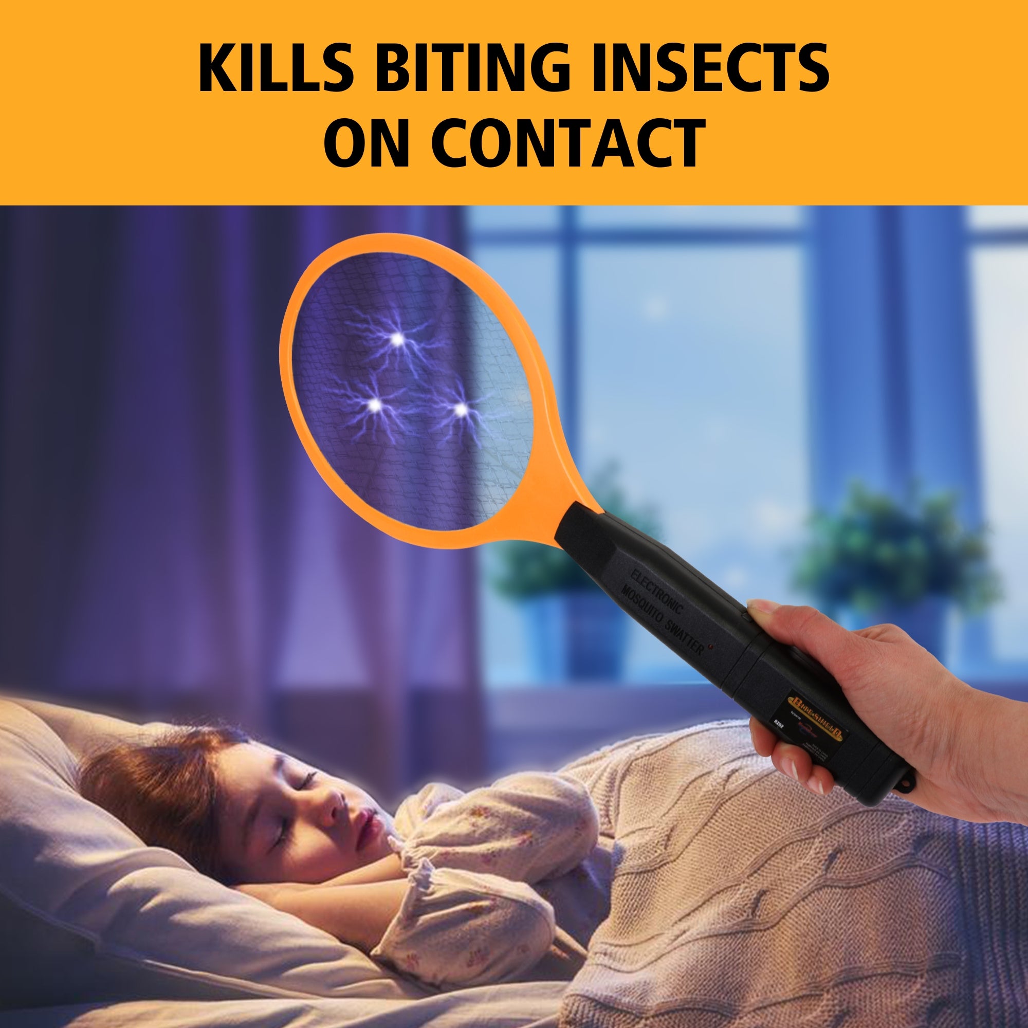 A hand waving Bite Shield racket zapper electronic insect killer over a child asleep in a bed at night. Text above reads, "Kills biting insects on contact"