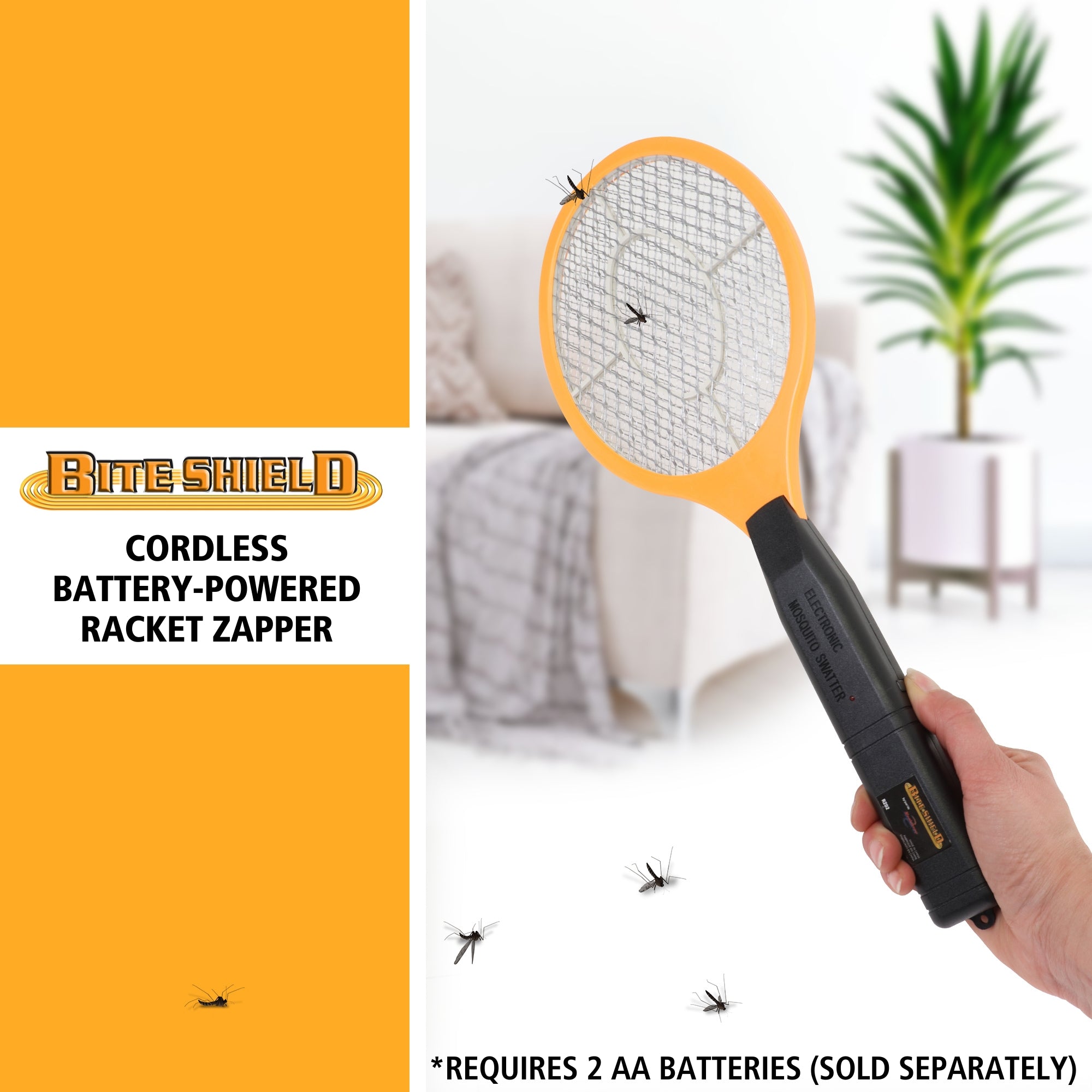 A hand waving the Bite Shield electronic fly swatter at mosquitoes in a living room with a white couch and a green plant in a white planter. Text to the left reads, "Bite Shield Cordless Battery-Powered Racket Zapper," and text below reads, "Requires 2 AA batteries (sold separately)"