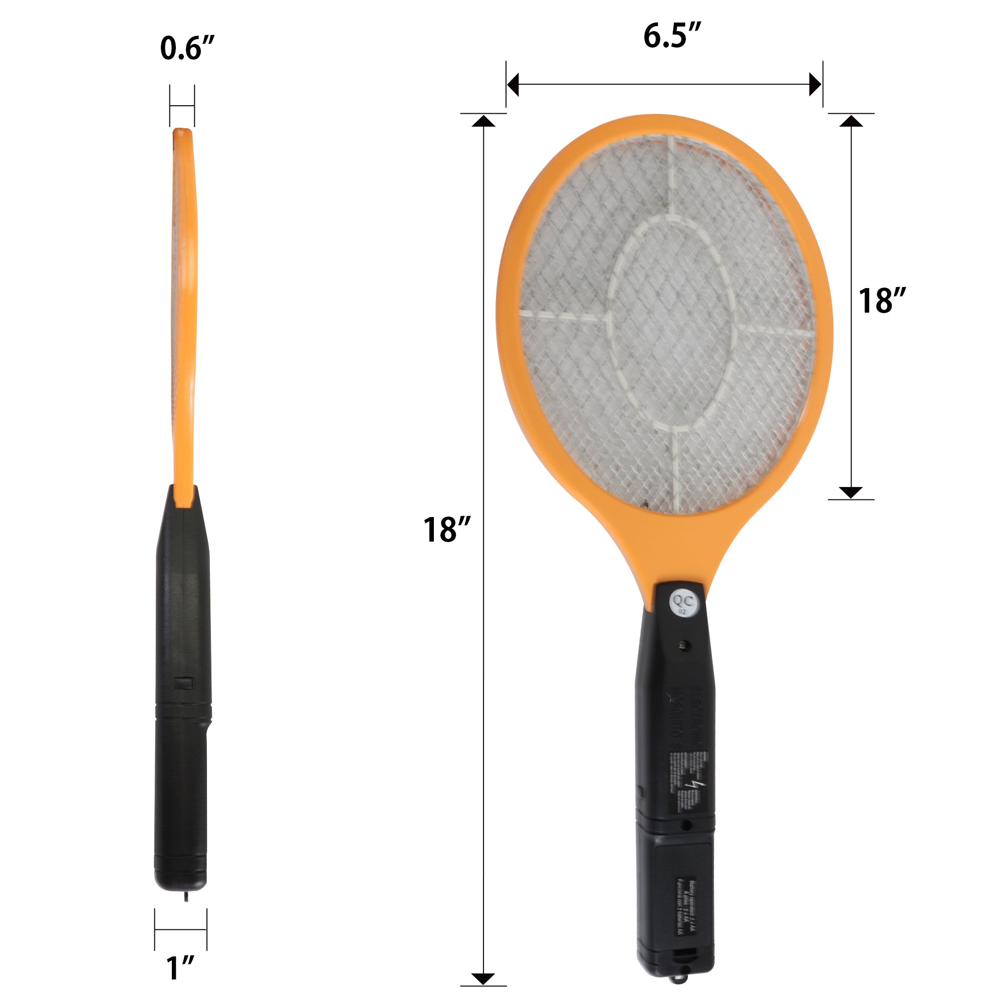 Top and side views of the Bite Shield racket zapper electronic insect killer on a white background with dimensions labeled