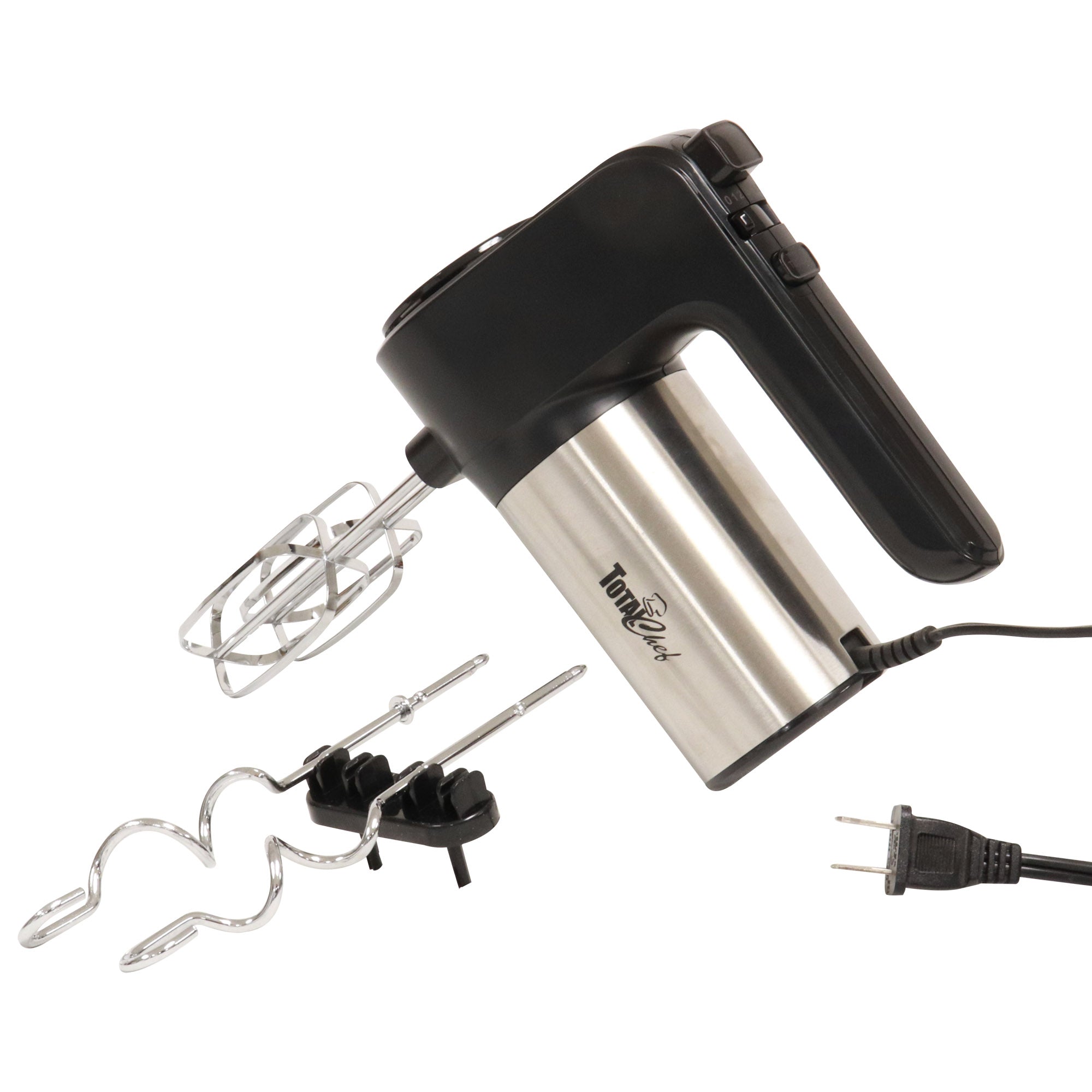 Total Chef hand mixer with beaters and dough hooks on a white background