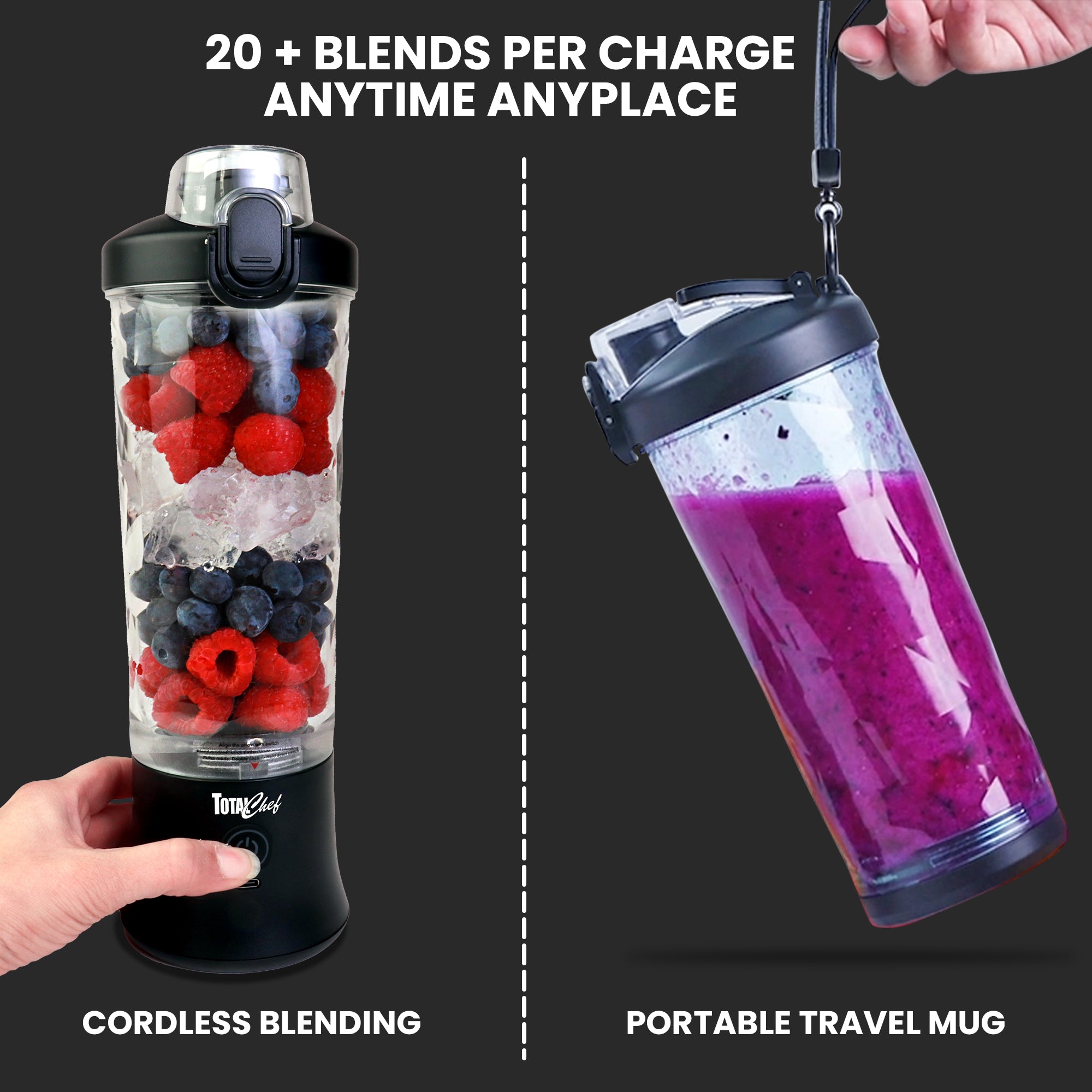 Left half shows a person's hand holding the blender, which is filled with raspberries, blueberries, and ice cubes, with their thumb on the power button. Text below reads, "Cordless blending." Right half shows a person's hand holding the blending jar, which is filled with bright purple smoothie and has the travel base cover on, by the carry strap. Text below reads, "Portable travel mug." Text at the top reads, "20+ blends per charge anytime anyplace."