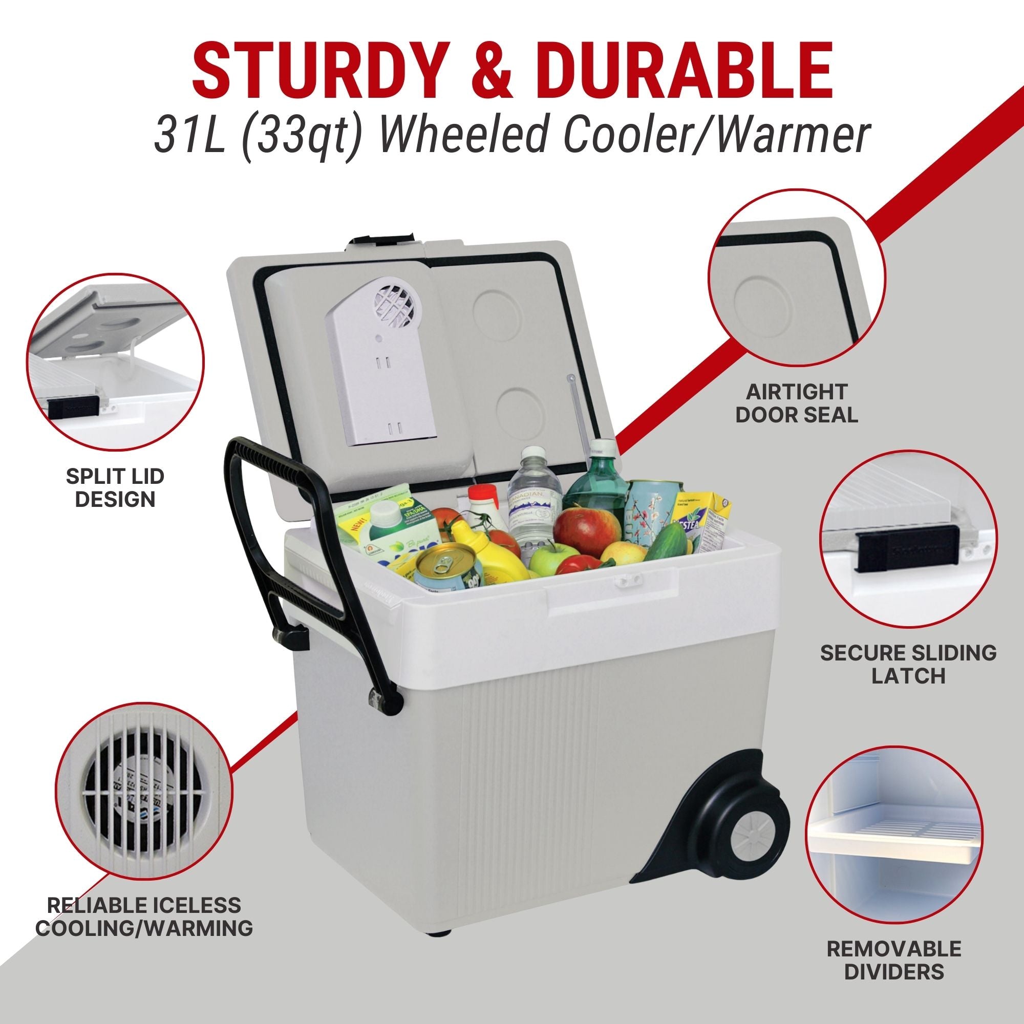 Koolatron 12V cooler/warmer open with food inside surrounded by closeup images of features, labeled: Reliable iceless cooling/warming; split lid design; airtight door seal; secure sliding latch; removable dividers. Text above reads, "STURDY AND DURABLE 31L (33 qt) wheeled cooler/warmer"