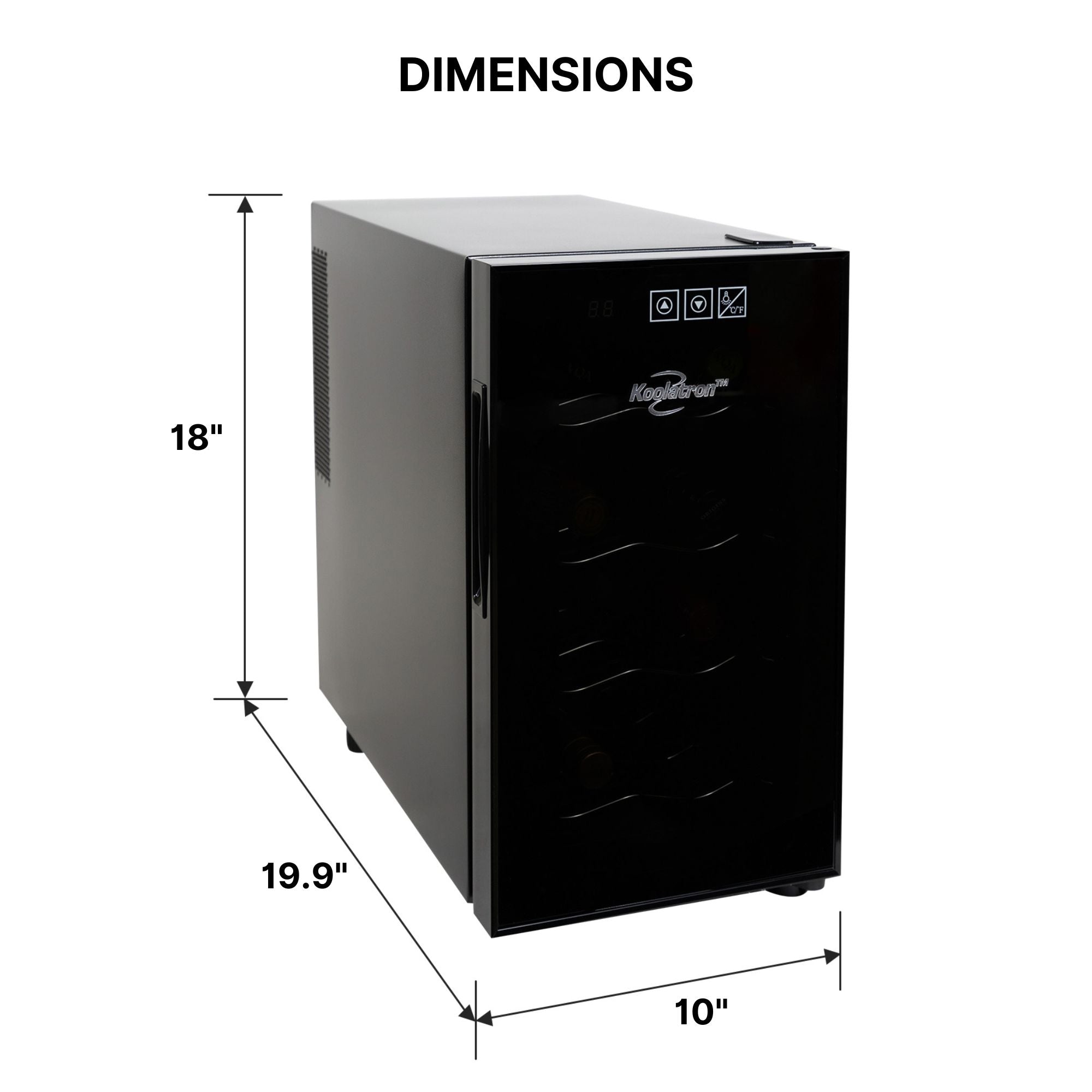 Koolatron 8 bottle thermoelectric wine fridge on a white background with dimensions labeled