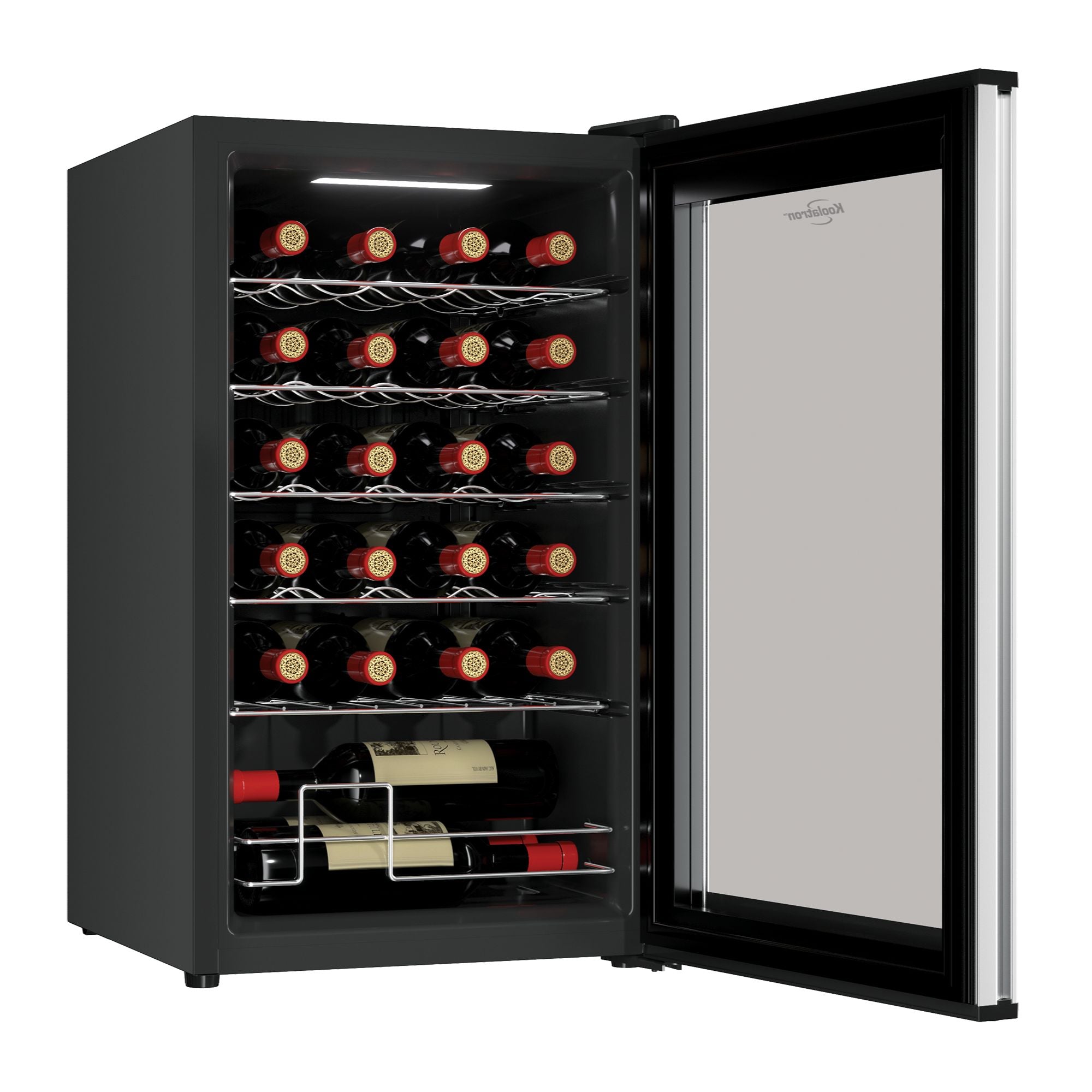 Koolatron 24 bottle single zone wine cooler, open with bottles of wine inside, on a white background