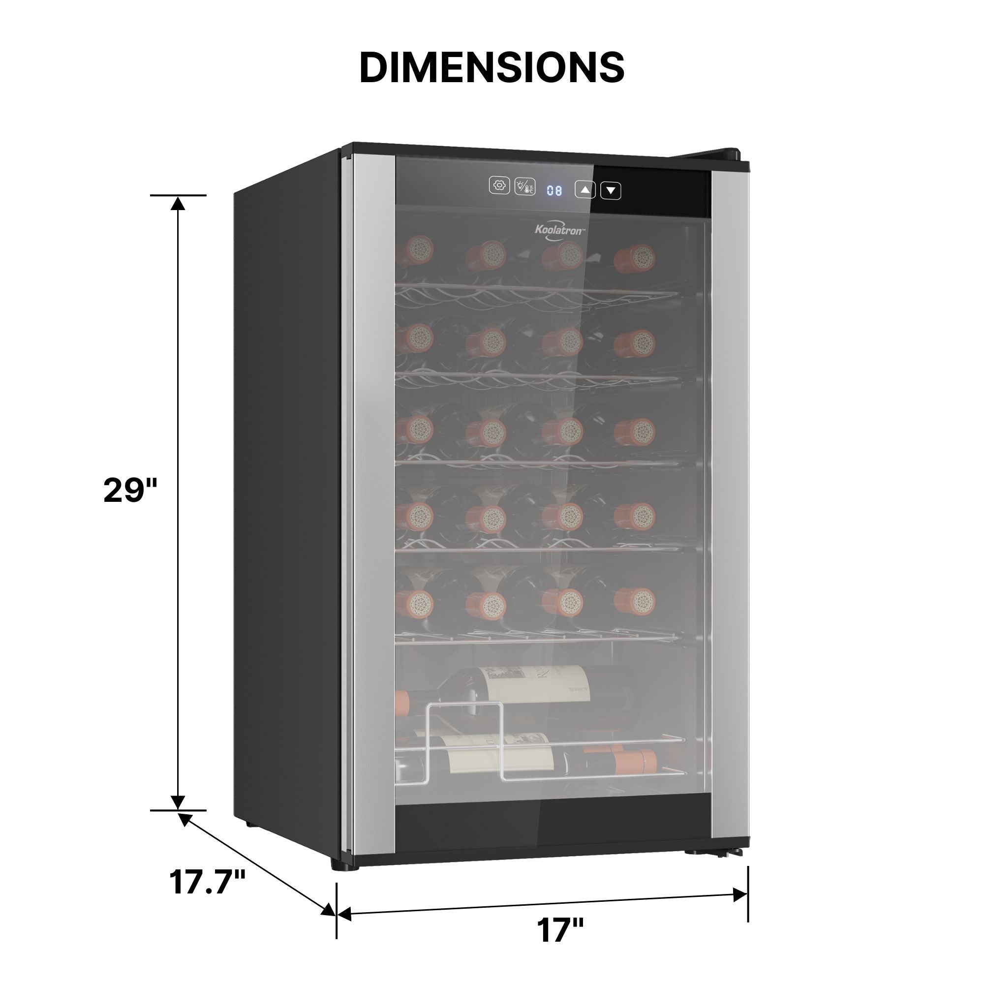 Koolatron 24 bottle wine fridge on a white background with dimensions labeled
