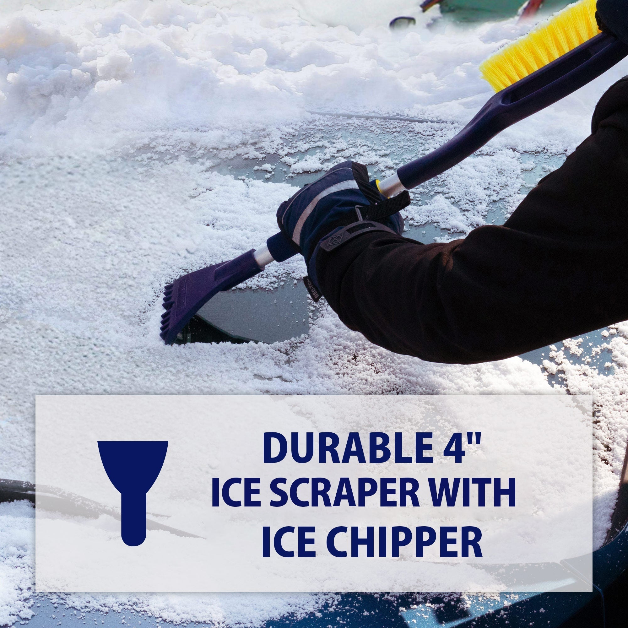 Lifestyle image of a gloved hand using the ice scraper to scrape the windshield of a dark coloured car. Transparent white overlay at the bottom shows an ice scraper icon beside text reading "Durable 4" ice scraper with ice chipper"