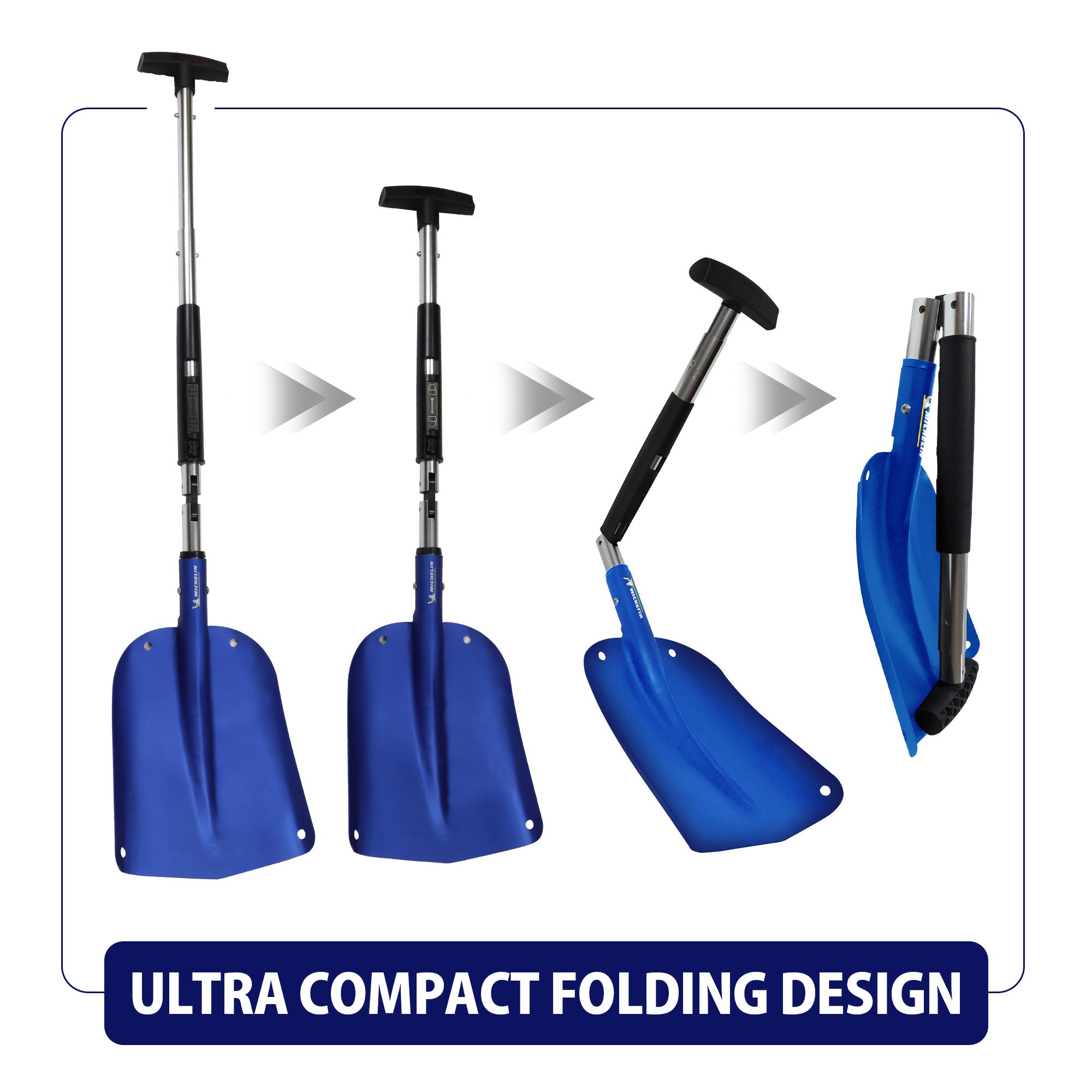 Series of four product shot on white background of the collapsible avalanche shovel: 1. Fully unfolded and extended; partly extended; partly folded; fully collapsed for storage. Text below reads, "Ultra compact folding design"