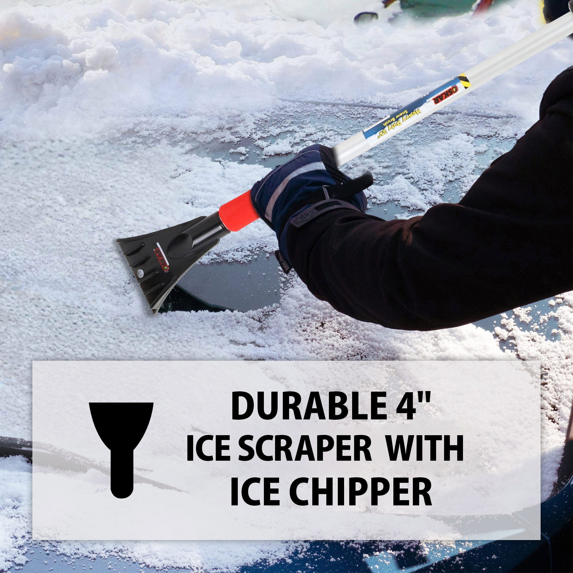 Lifestyle image of a gloved hand using the ice scraper to scrape the windshield of a dark coloured car. Transparent white overlay at the bottom shows an ice scraper icon beside text reading "Durable 4" ice scraper with ice chipper"