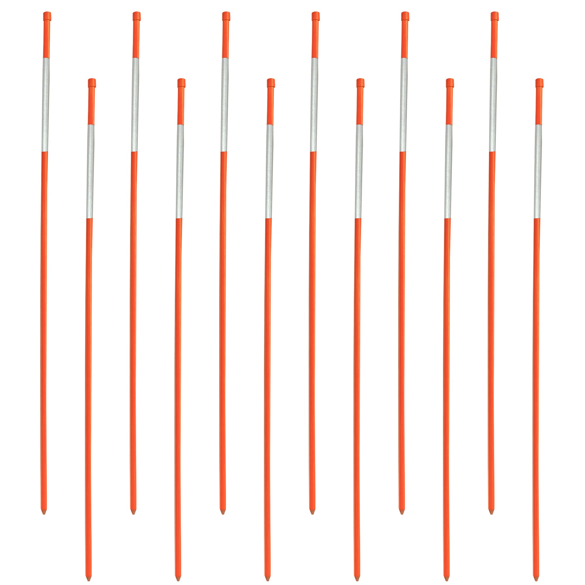 Product shot of 12 orange driveway markers laid out side by side with every other one offset higher or lower on a white background