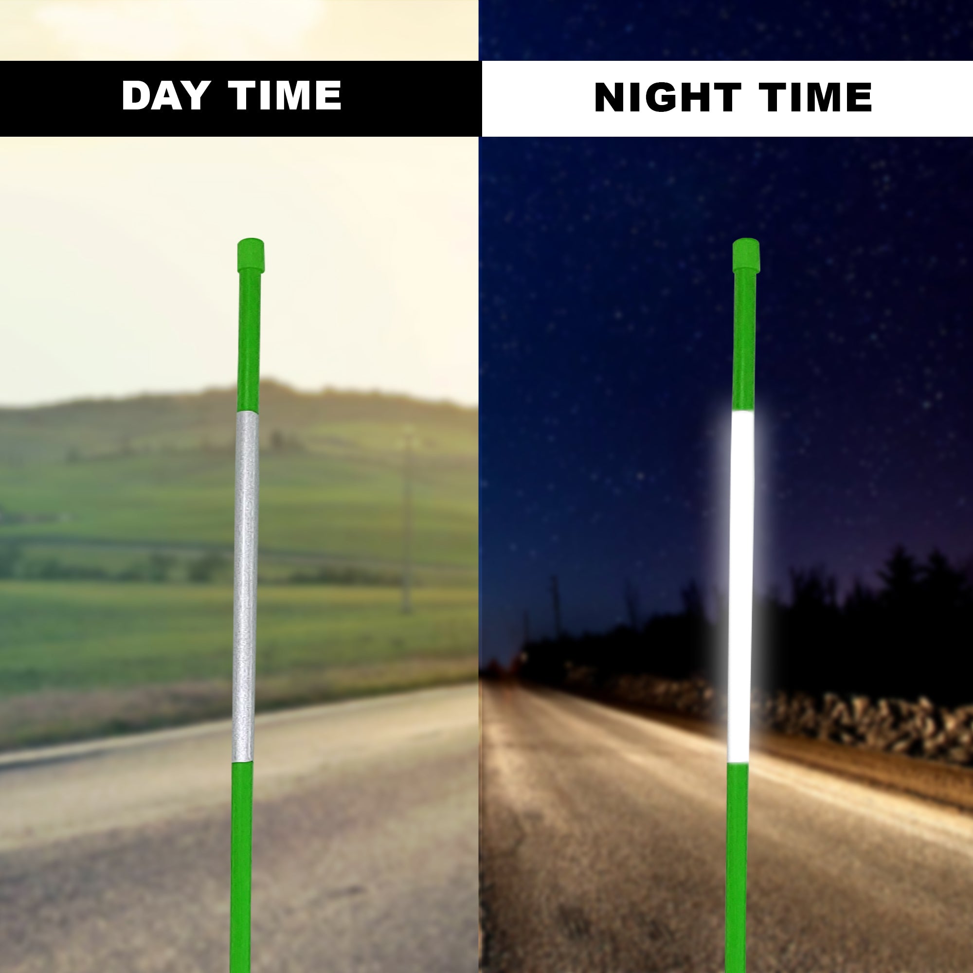 Side by side images show a closeup of the top portion of the green driveway markers with a paved road and field in the background. Left image is in daylight with text overlay reading, "Daytime," and right image shows a night sky and the reflective tape glowing with text overlay reading, "Nighttime"