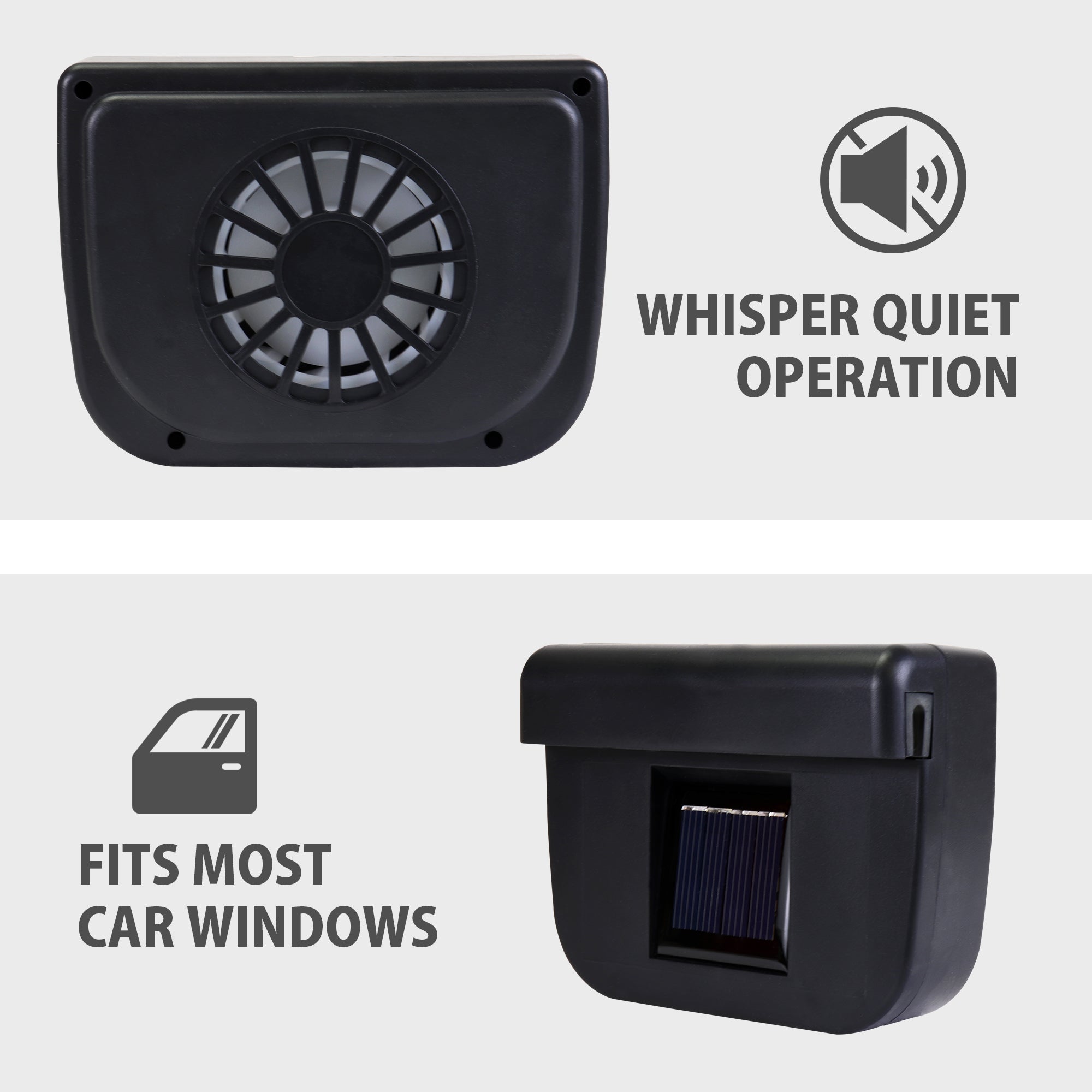 On the top is a front view of the AutoKool automotive window fan on a gray background with text and icon to the right reading, "Whisper quiet operation." On the bottom is a back view of the AutoKool automotive window fan showing the solar panel on a gray background with text and icon to the left reading, "Fits most car windows"