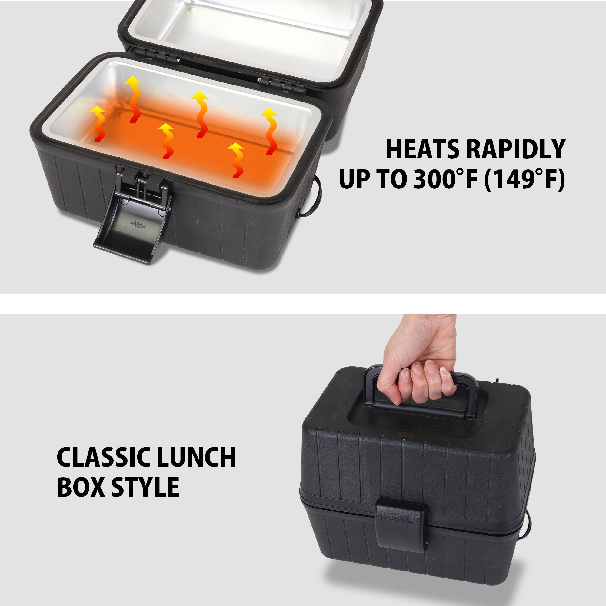 Top half shows an enhanced image of the 12V lunch box heater, open, with orange arrows inside and text to the right reading, "Heats rapidly up to 300F (149C)." Bottom half shows a product shot of a person's hand holding the handle of the closed lunch box stove with text to the left reading, "classic lunch box style"