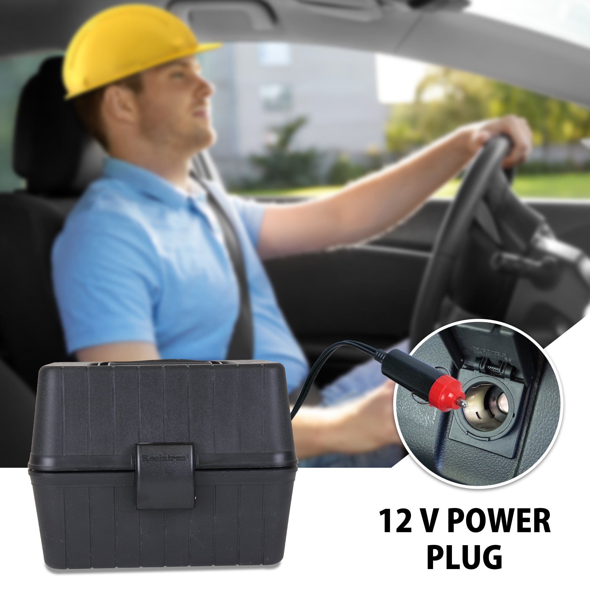 Product shot of 12V lunch box with inset closeup of 12V cord plugged in and text below reading, "12V power plug." In the background is a lifestyle image of a person with light skin wearing a light blue t-shirt and yellow construction hat in the driver's seat of a dark colored vehicle