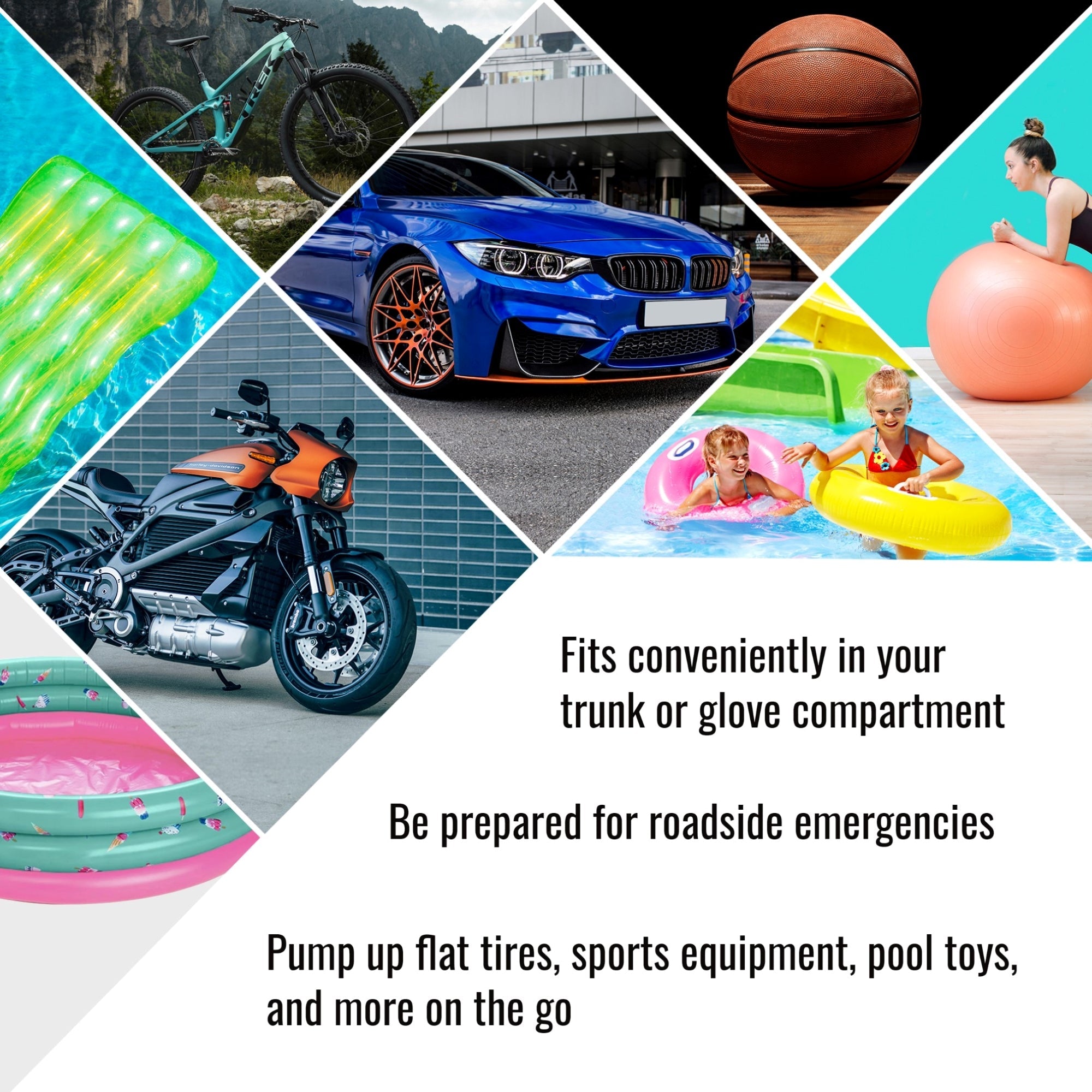 Lifestyle images show various applications for the 12V air compressor: Bicycle, motorcycle, and car tires, basketball, exercise ball, pool toys, and wading pool. Text below reads, "Fits conveniently in your trunk or glove compartment; Be prepared for roadside emergencies; Pump up flat tires, sports equipment, pool toys, and more on the go"
