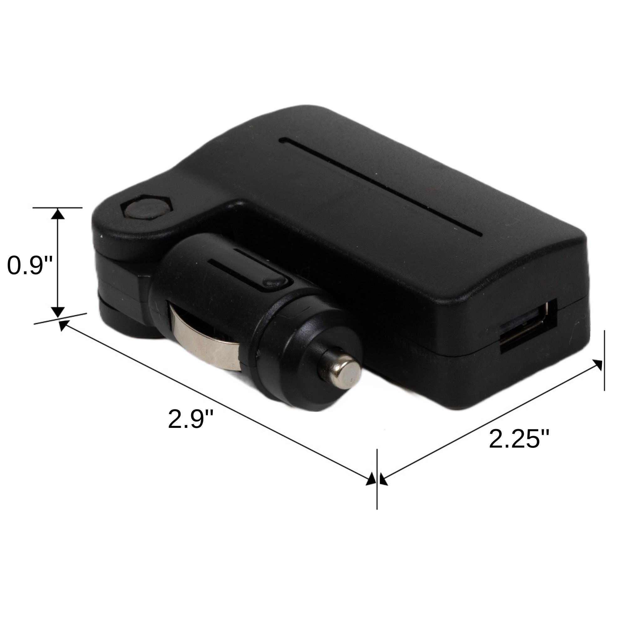 Product shot of cell phone charger on a white background with dimensions listed