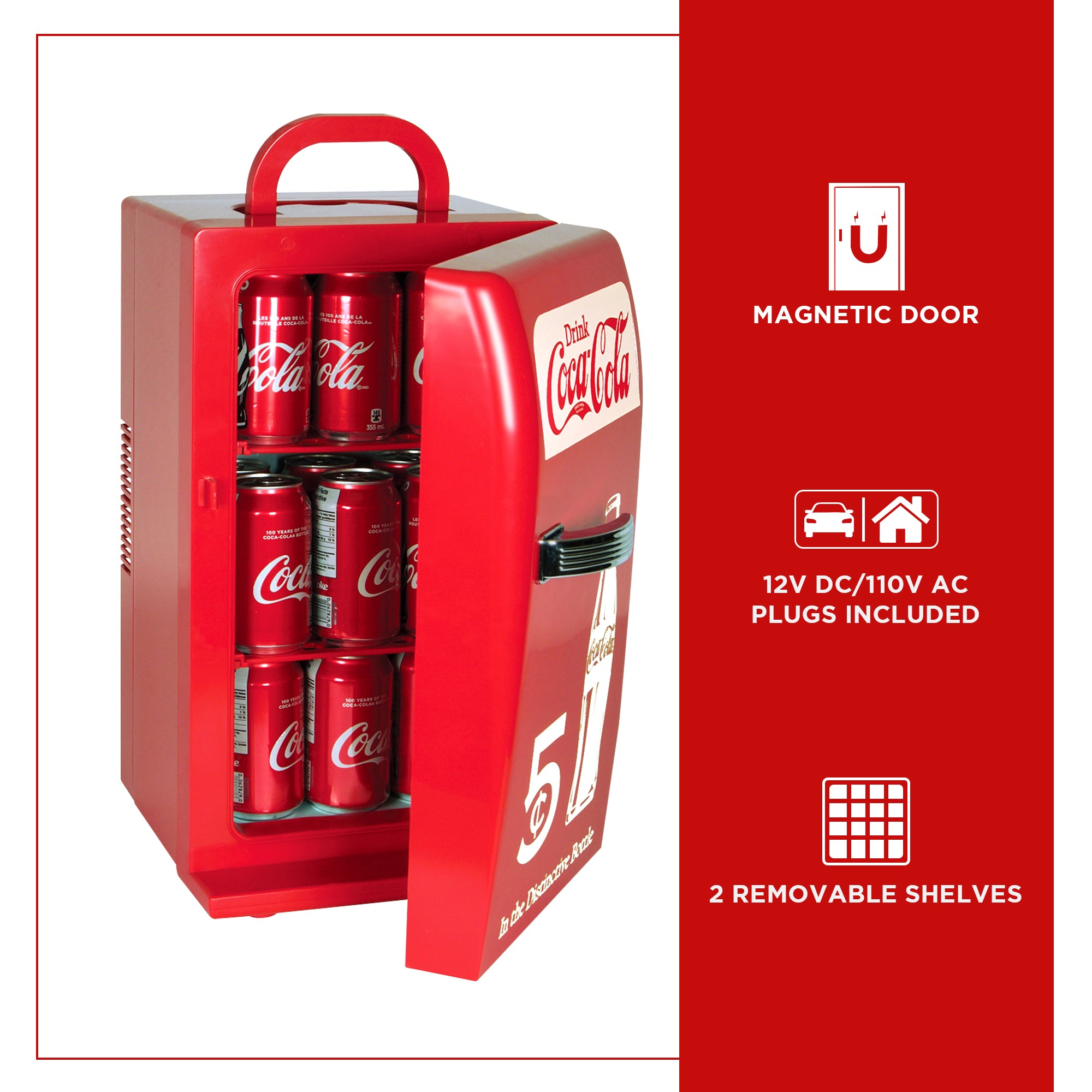 Product shot of Coca-Cola retro 18 can mini fridge, partly open with cans of Coke inside, on a white background. To the right are icons and text describing: Magnetic door; 12V DC/110V AC plug included; 2 removable shelves