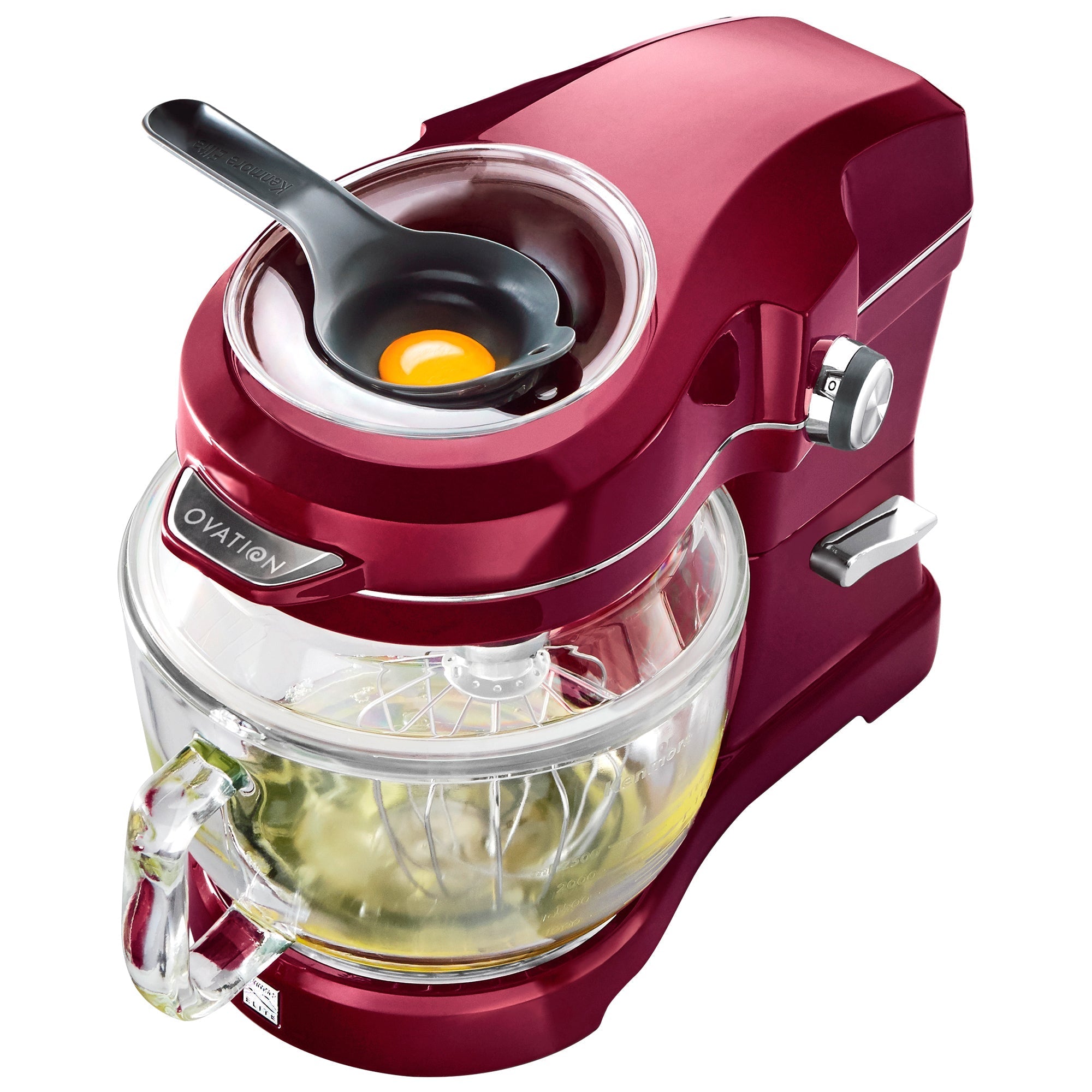 Kenmore Elite Ovation tilt-head stand mixer on white background of mixer with egg separator containing egg in the pour-in top opening