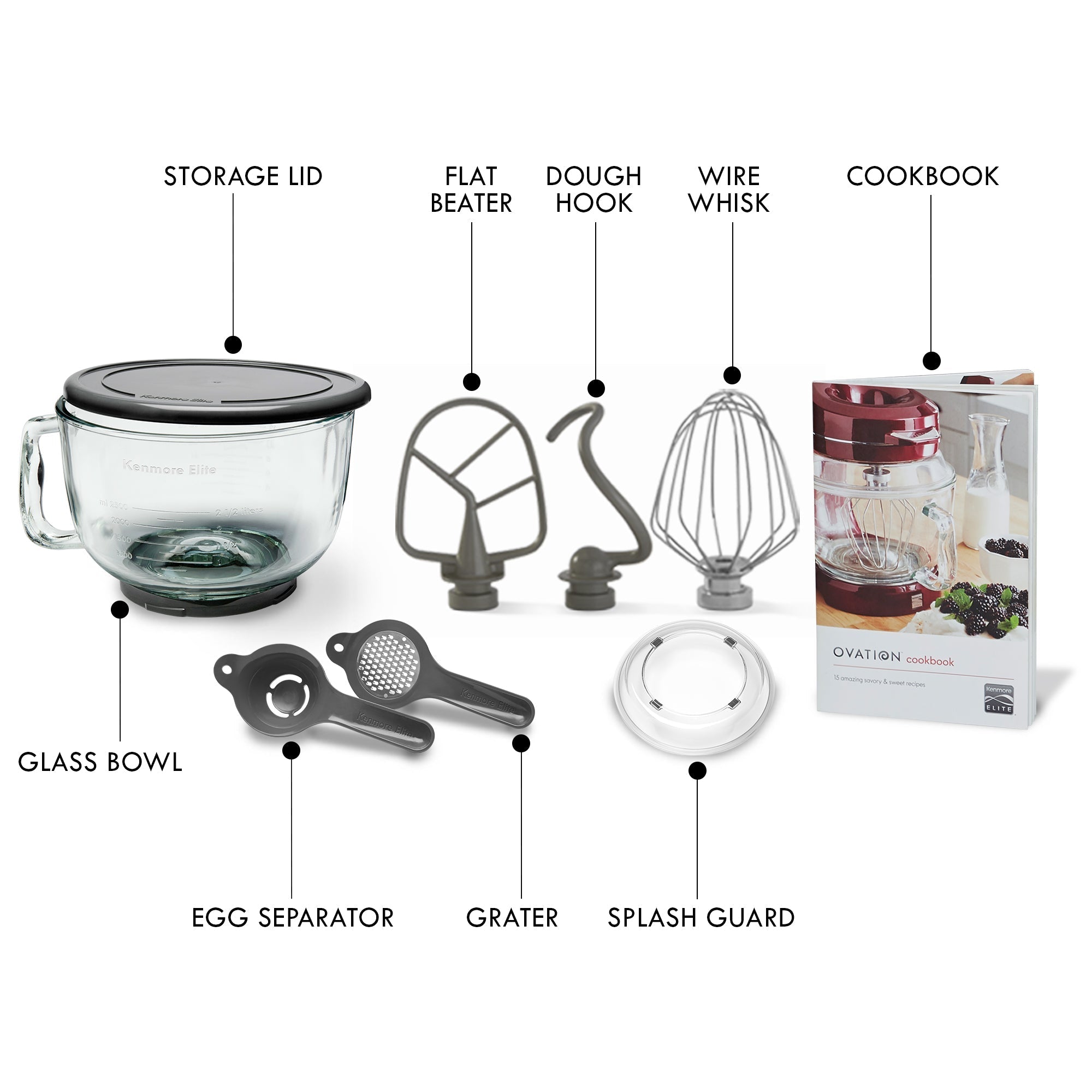 Kenmore Elite Ovation mixer with accessories and attachments on a white background, labeled (from top left): Storage lid; flat beater; dough hook; wire whisk; cookbook; glass bowl; egg separator; grater; splash guard