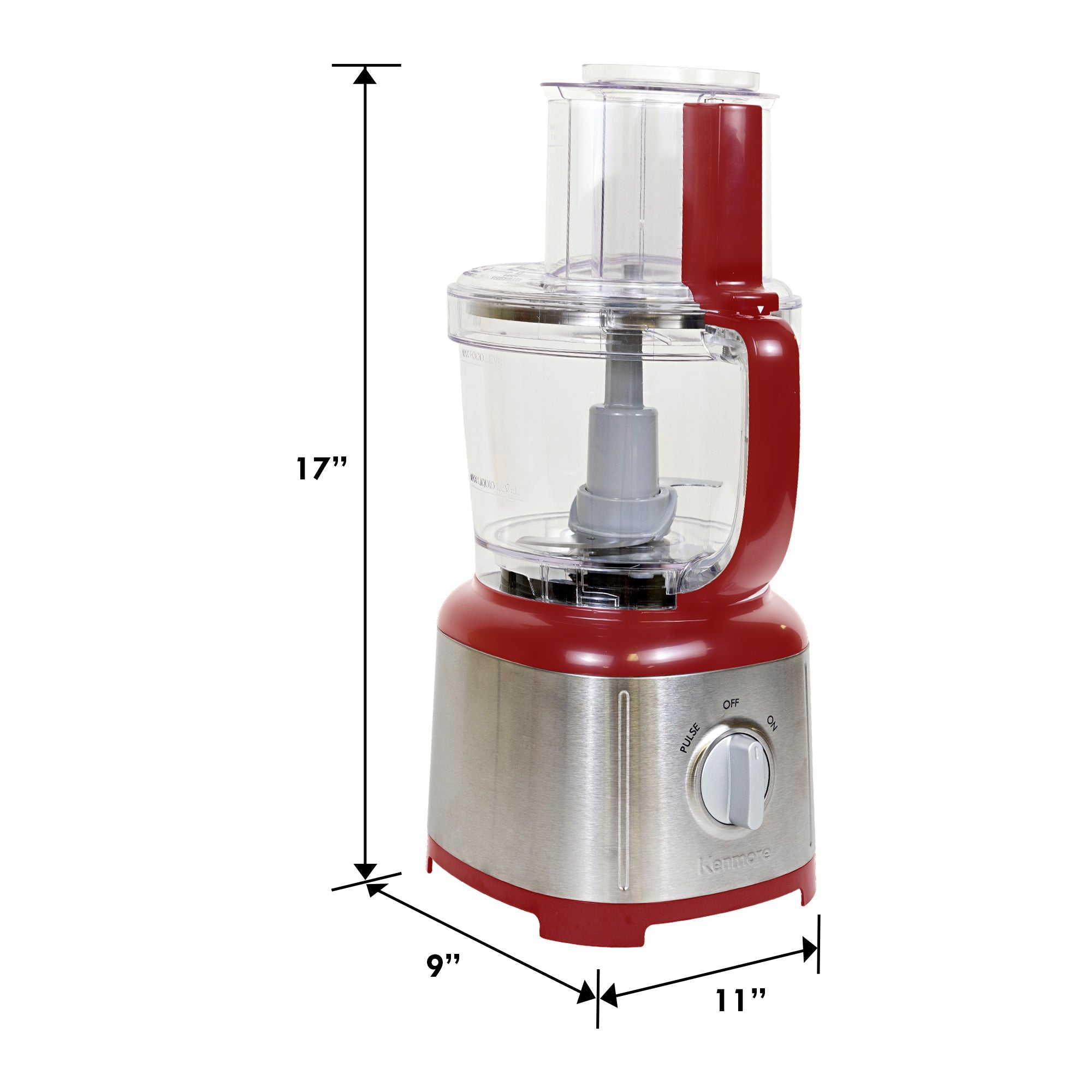Kenmore 11 cup food processor and vegetable chopper on a white background with dimensions labeled