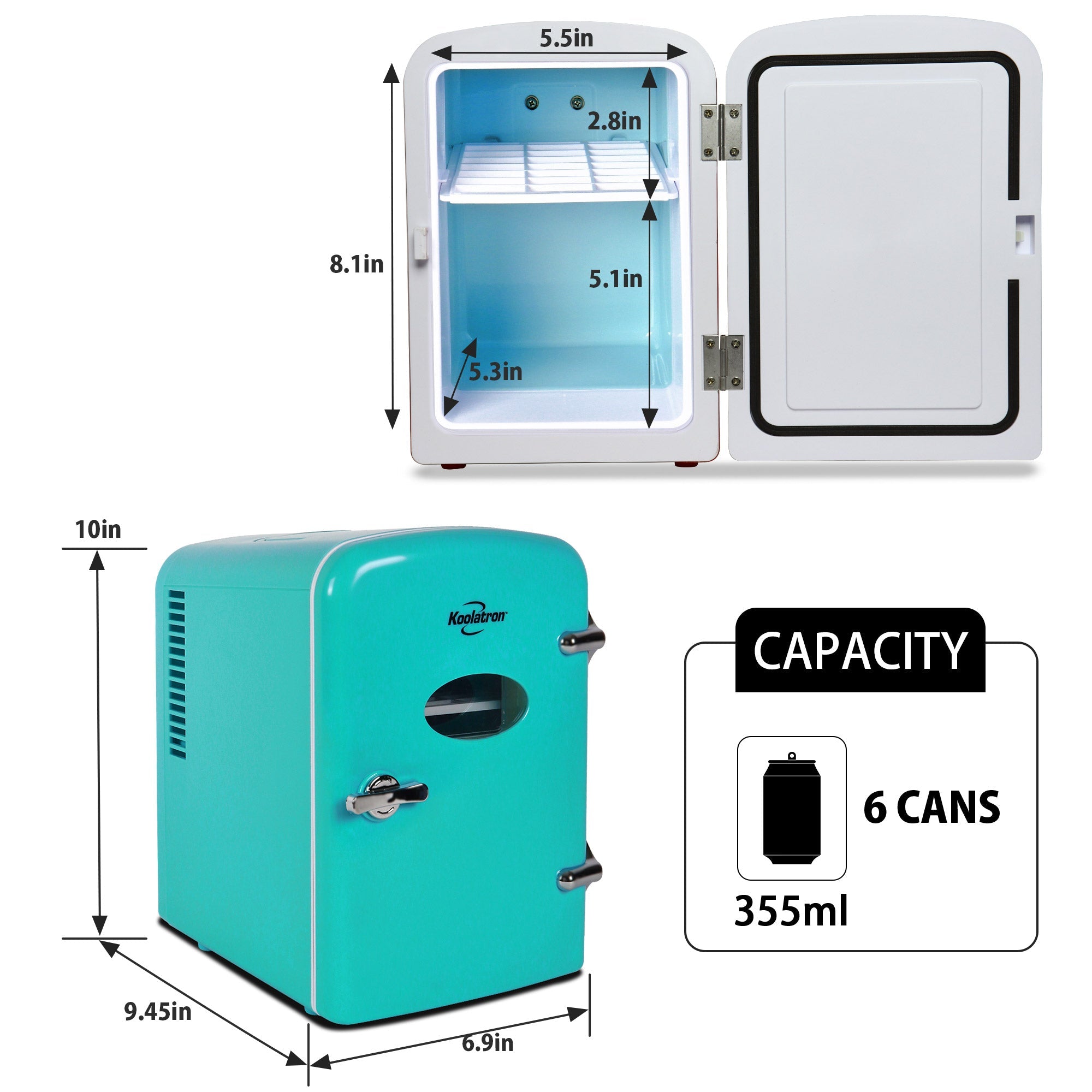 Two product shots of Koolatron retro 4L mini fridge, open and closed, on a white background, with interior and exterior dimensions labeled. Inset text and icons describes: Capacity - 6 cans 355 mL