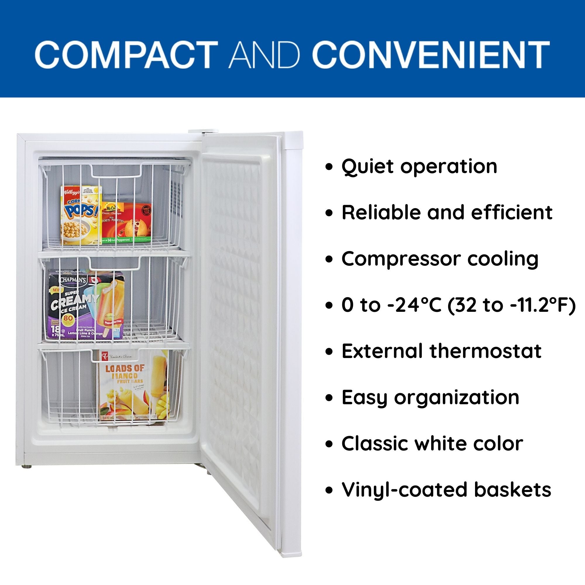 Product shot of upright freezer, open and filled with food, on a white background. Text above reads, "Compact and convenient," and a list of bullet points to the right reads: Quiet operation; Reliable and efficient; Compressor cooling; 0 to -24C (32 to -11.2F); External thermostat; Easy organization; Classic white color; Vinyl-coated baskets