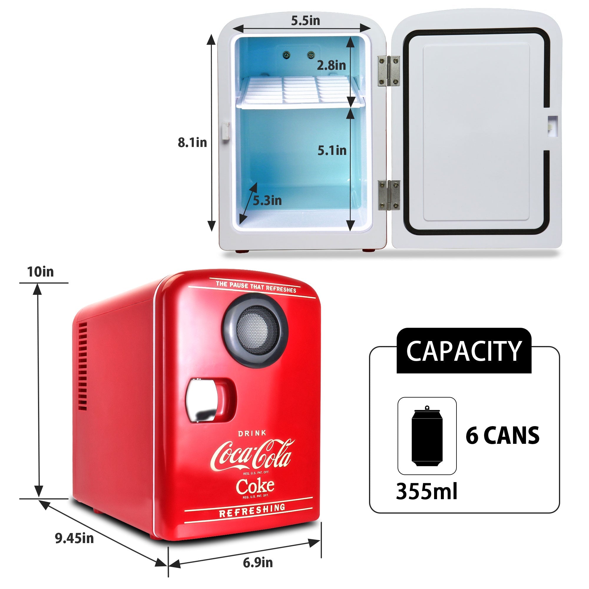 Two product shots of Coca-Cola 4L travel cooler with wireless speaker, open and closed, on a white background, with interior and exterior dimensions labeled. Inset text and icons describes: Capacity - 6 cans 355 mL