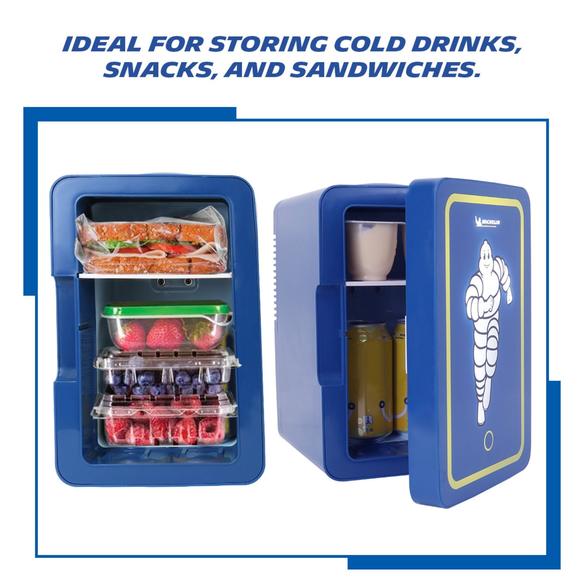 Picture of the interior of the Michelin mini fridge with 3 packages of berries and one sandwich inside on the right and picture of the mini-fridge partly open with cans of pop and a yogurt cup visible on the right. Text above reads "Ideal for storing cold drinks, snacks, and sandwiches"
