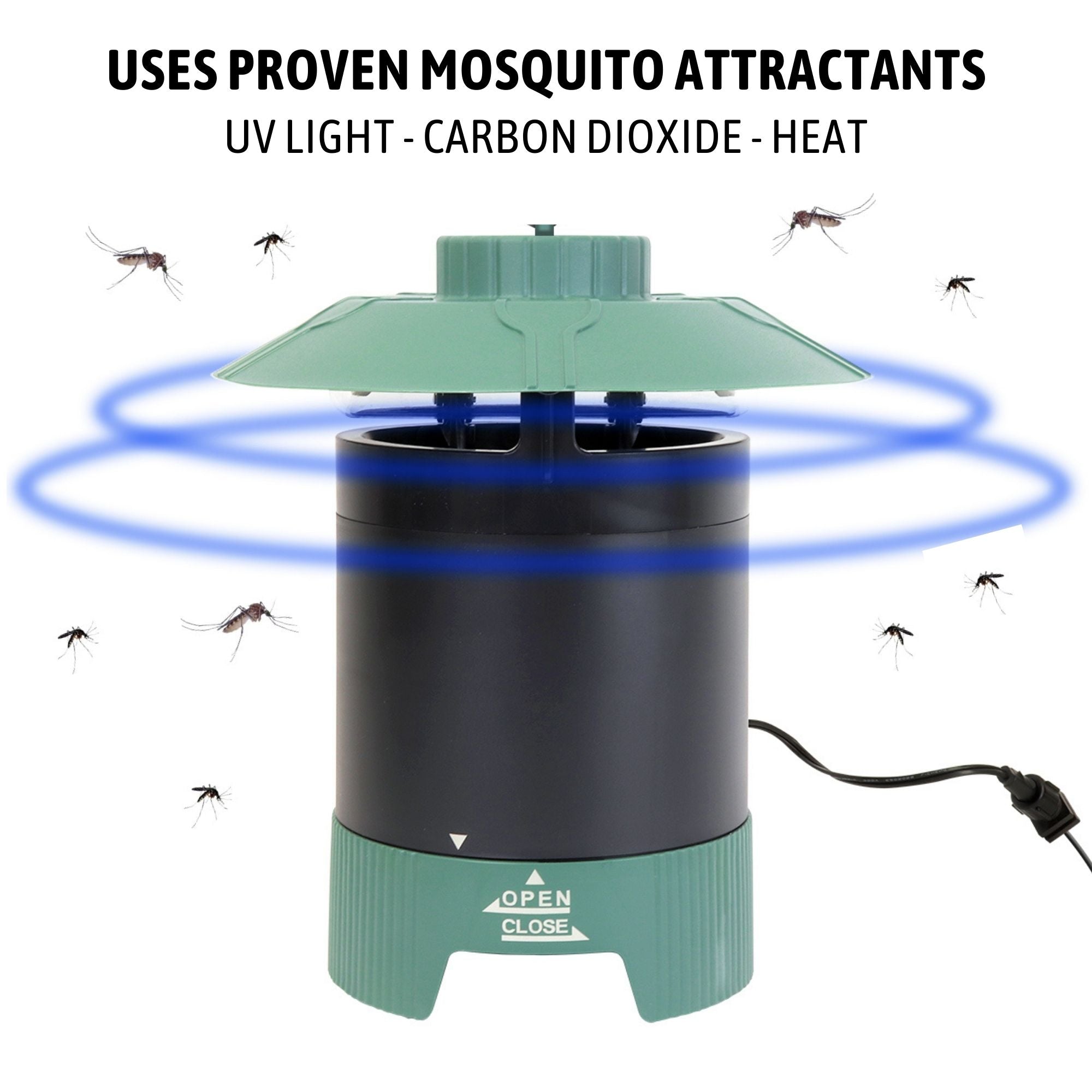 Enhanced image of Bite Shield Protector 1/4 acre mosquito trap on a white background with mosquitoes flying towards it from either side and two blue rings around it indicating the UV light. Text above reads, "Uses proven mosquito attractants: UV light - carbon dioxide - heat"