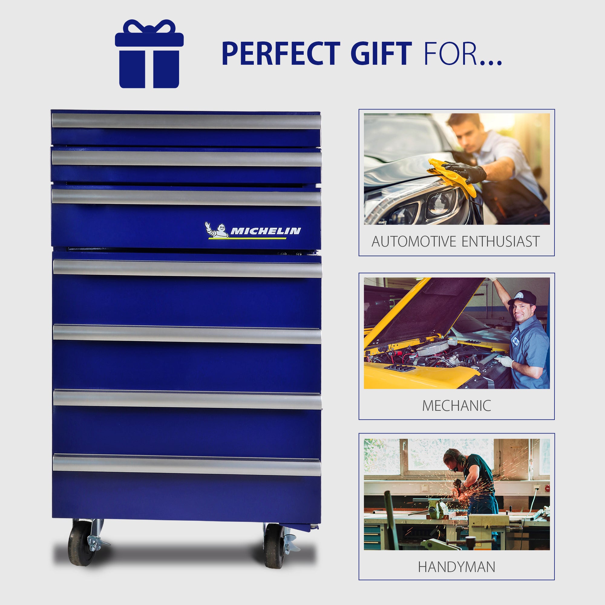 On the left is a picture of the Michelin blue tool box refrigerator with text above reading, "Perfect gift for…" and on the right are three images, each showing a person in a setting where the fridge could be used, labeled, "automotive enthusiast," "mechanic," and "handyman"
