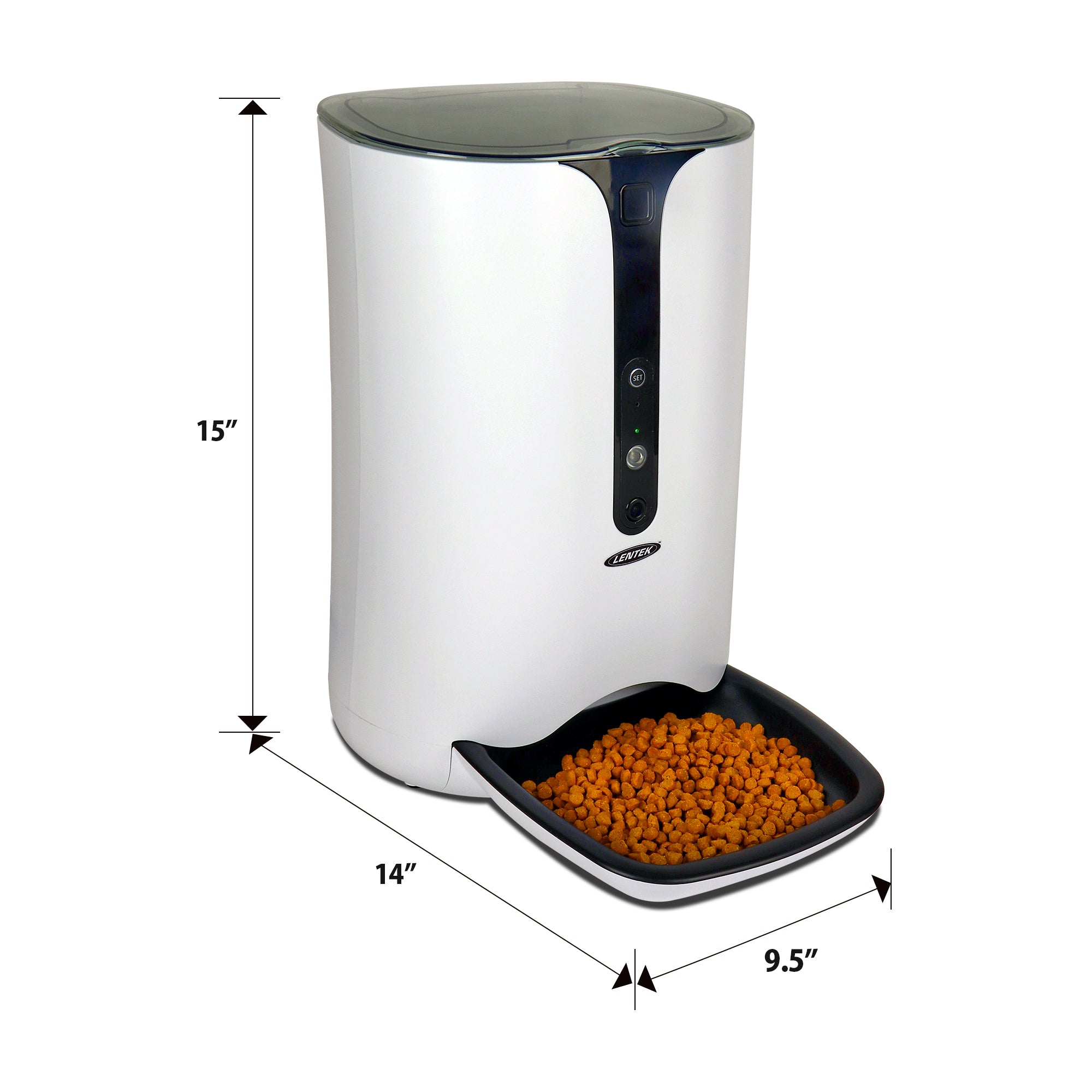 Product shot of Lentek smart programmable pet food dispenser with dry pet food in the feeding dish on a white background with dimensions labeled