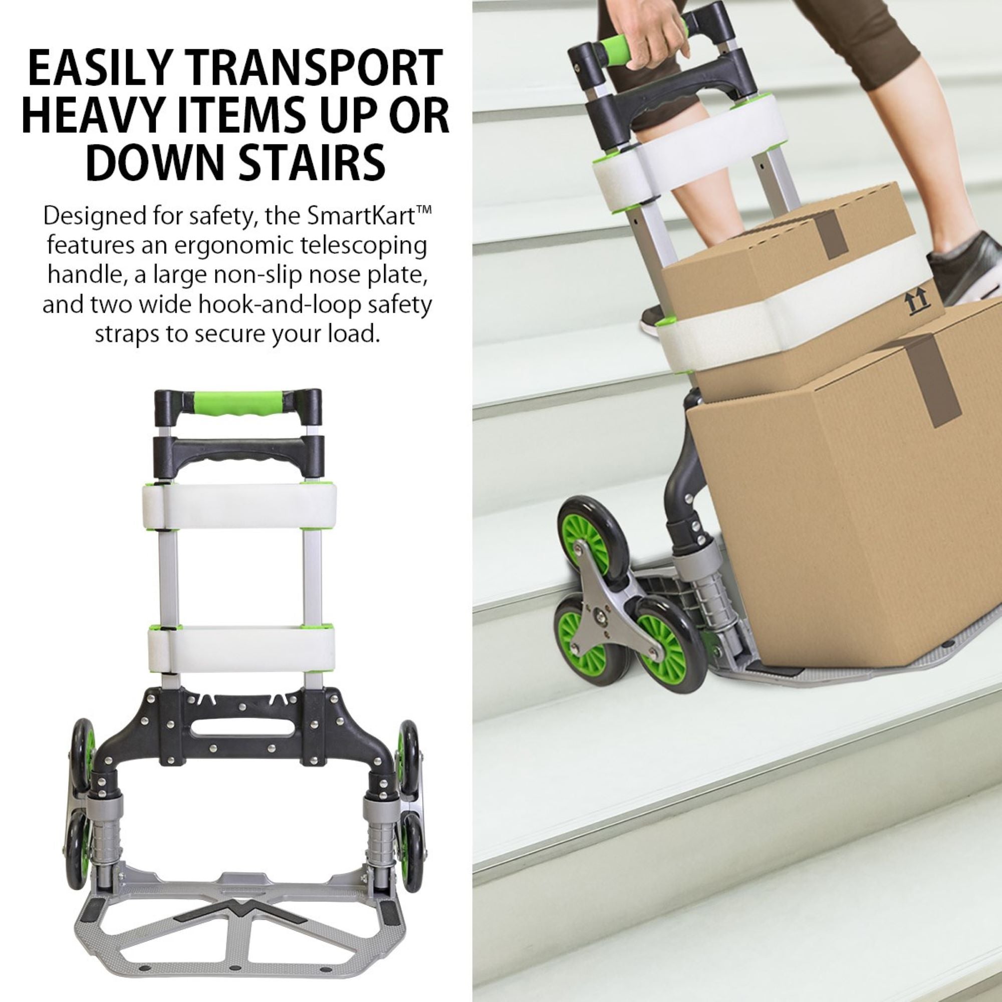 On the left is a product shot of the hand truck on a white background with text above reading, "Easily transport heavy items up or down stairs: Designed for safety, the SmartKart features an ergonomic telescoping handle, a large non-slip nose plate, and two wide hook-and-loop safety straps to secure your load." On the right is a lifestyle image of a person pulling the cart, loaded with two cardboard boxes, up a flight of stairs