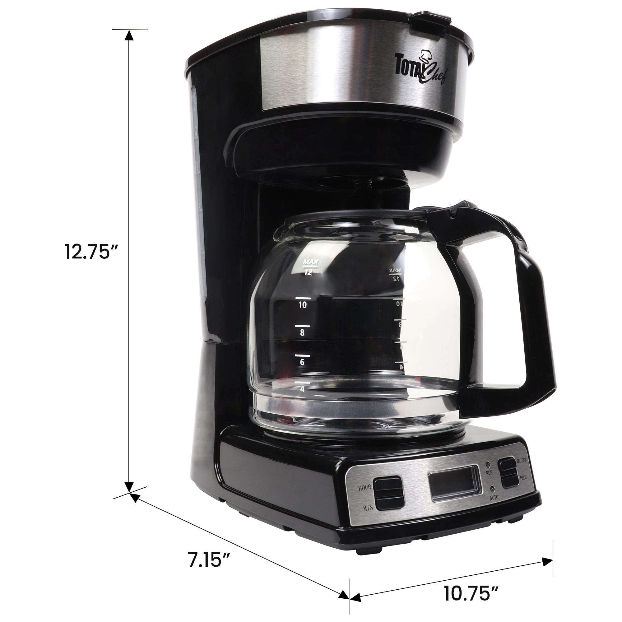 Product shot of programmable coffee maker on white background with dimensions labeled