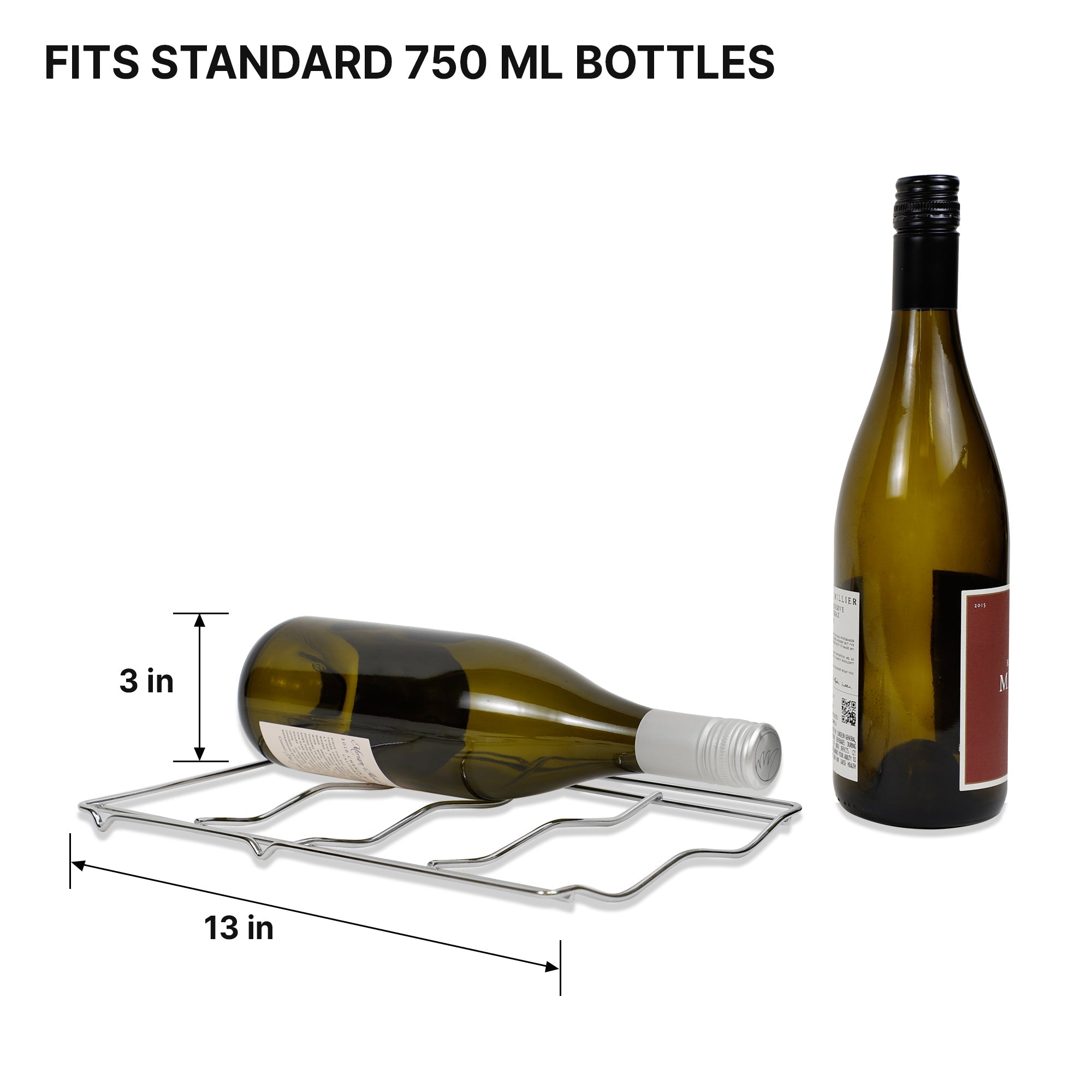 Removable wire rack from Koolatron 8 bottle wine chiller with dimensions listed and one wine bottle lying on it and one standing up beside it. Text above reads "Fits standard 750 mL bottles"
