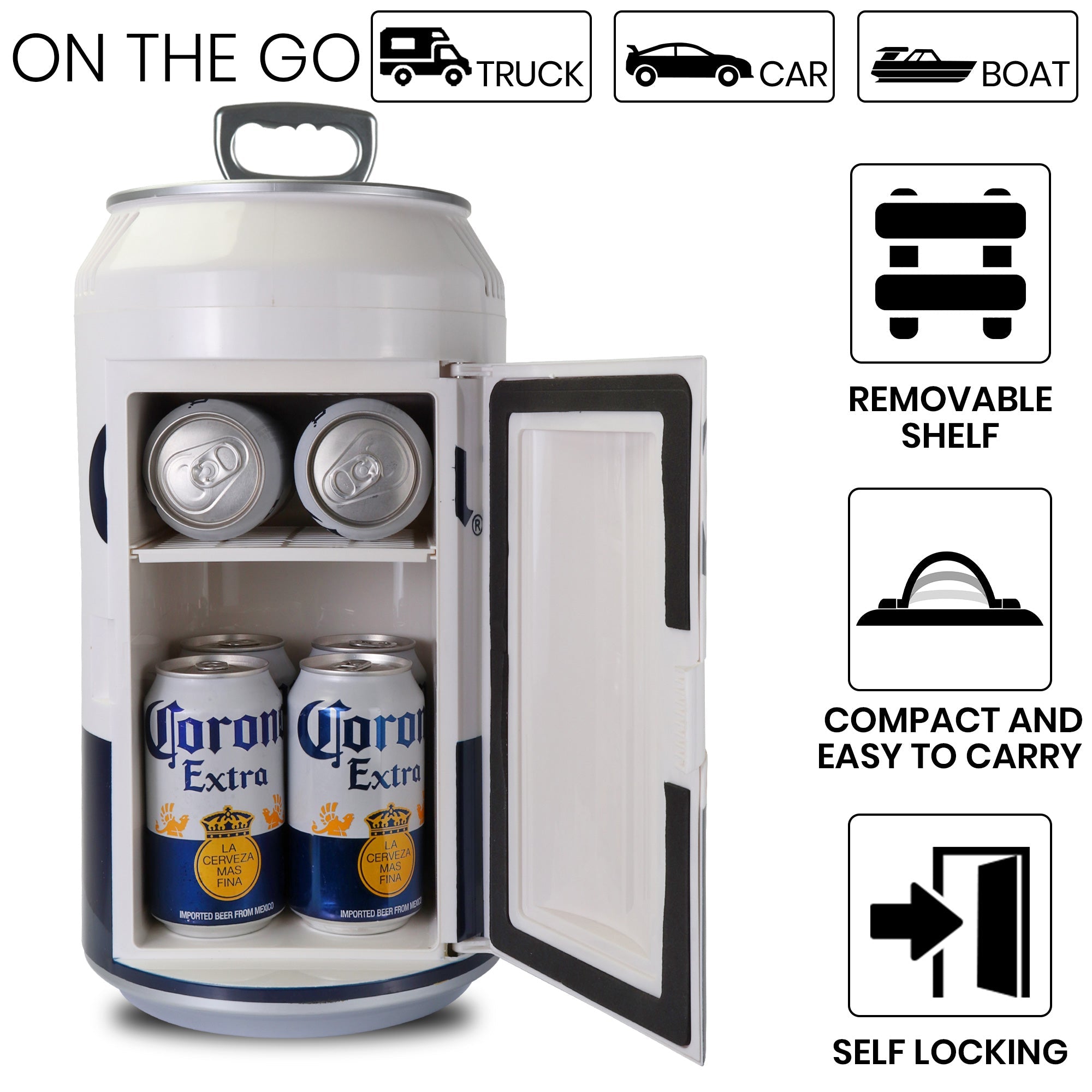 Closeup image of open cooler with 6 cans of Corona beer inside and pull-tab carry handle flipped up. Above are icons and text describing: On the go - truck, car, boat. To the right are icons and text describing: Removable shelf; compact and easy to carry; self-locking