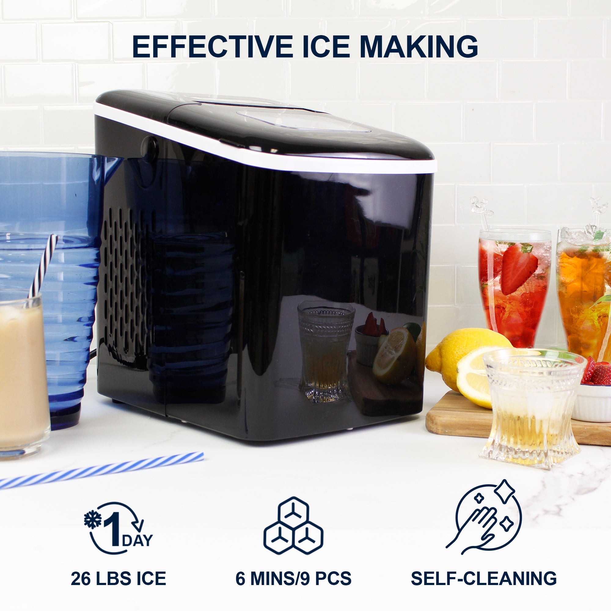 Simple Deluxe Countertop Ice Maker Machine, 9 Ice Cubes Ready in 6 Mins,  26lbs Ice/24Hrs, with Scoop & Basket, Self-Cleaning Function, for Home